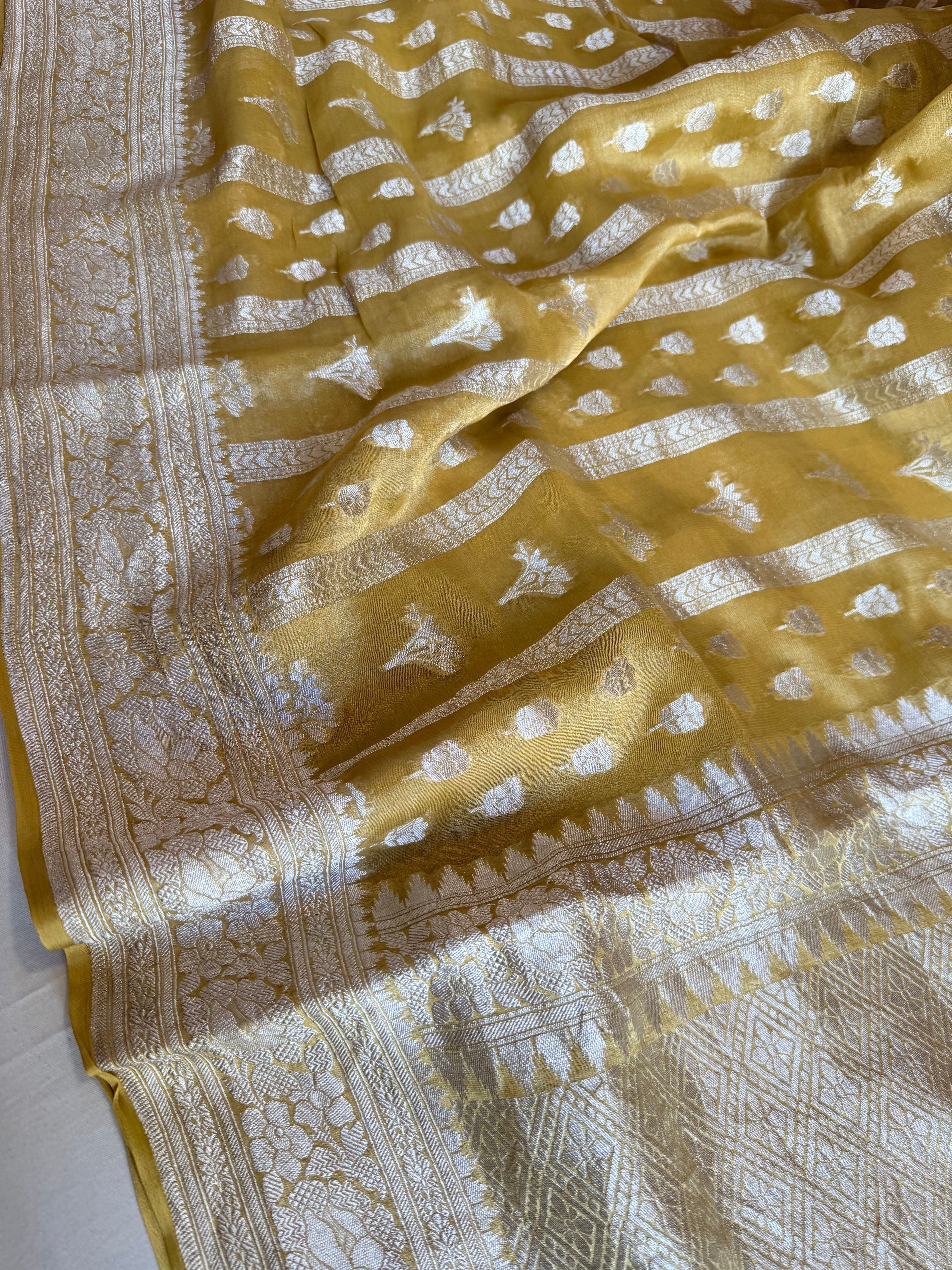 Chiffon olive tissue gorgette kadhwa soft silk saree