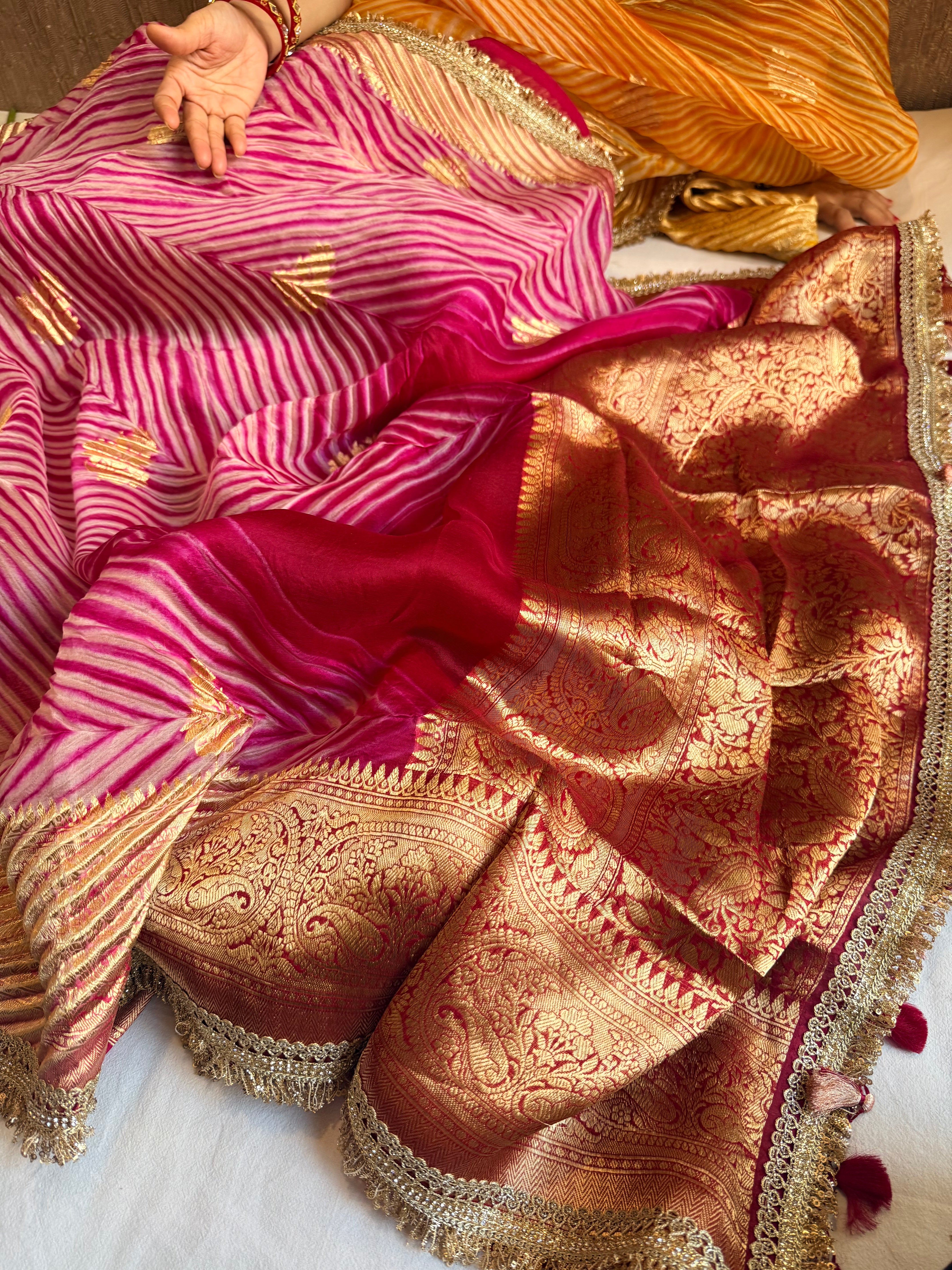 Hot pink banarasi kora silk arshi dyed kadhwa saree