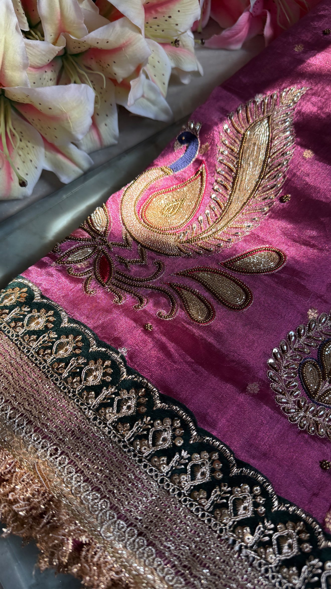 Dancing peacock motif - Magenta purple tissue silk hand embroidered saree