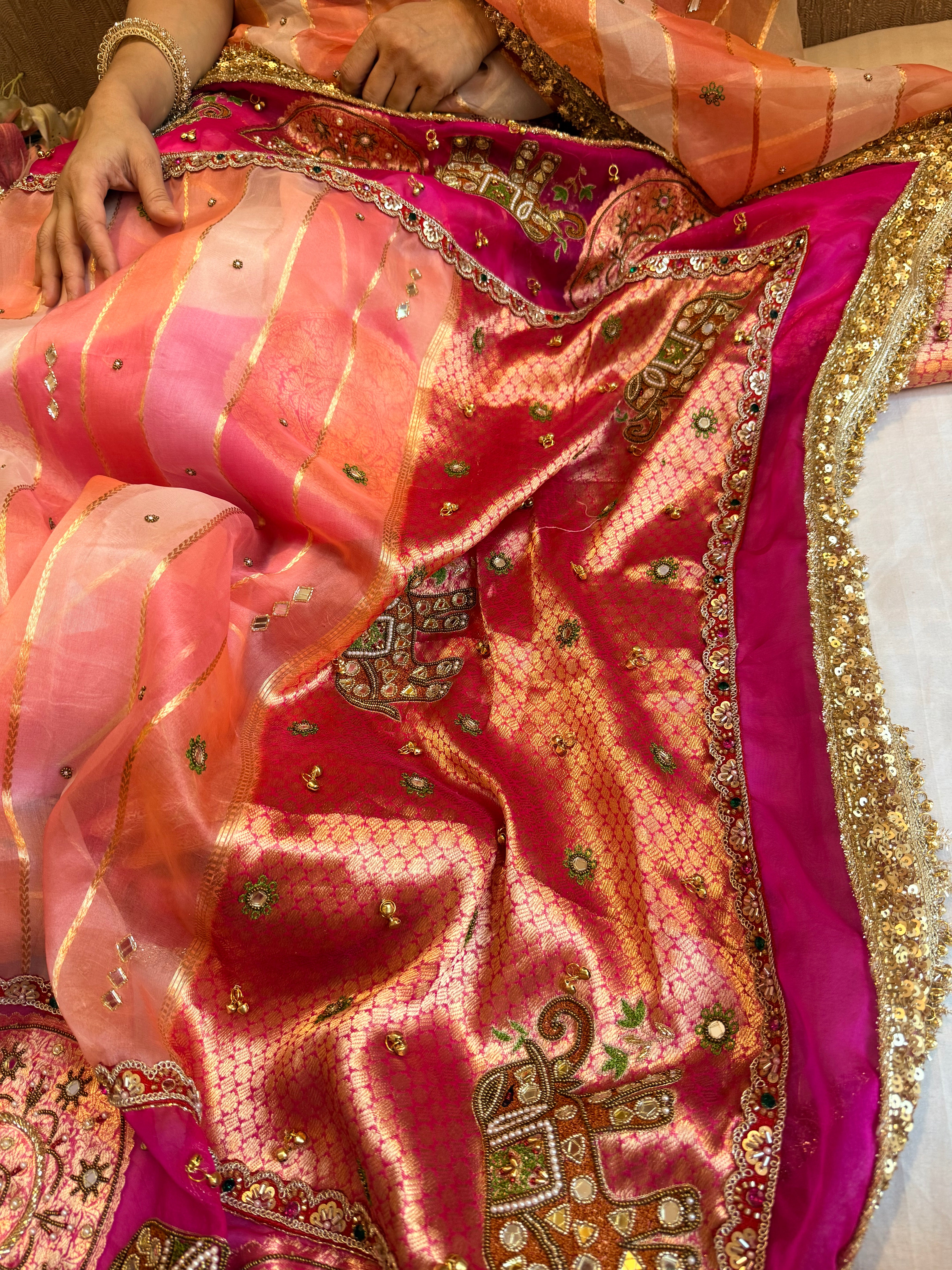 Navratan edit - Gola buti and hathi work hand embroidered kora silk saree