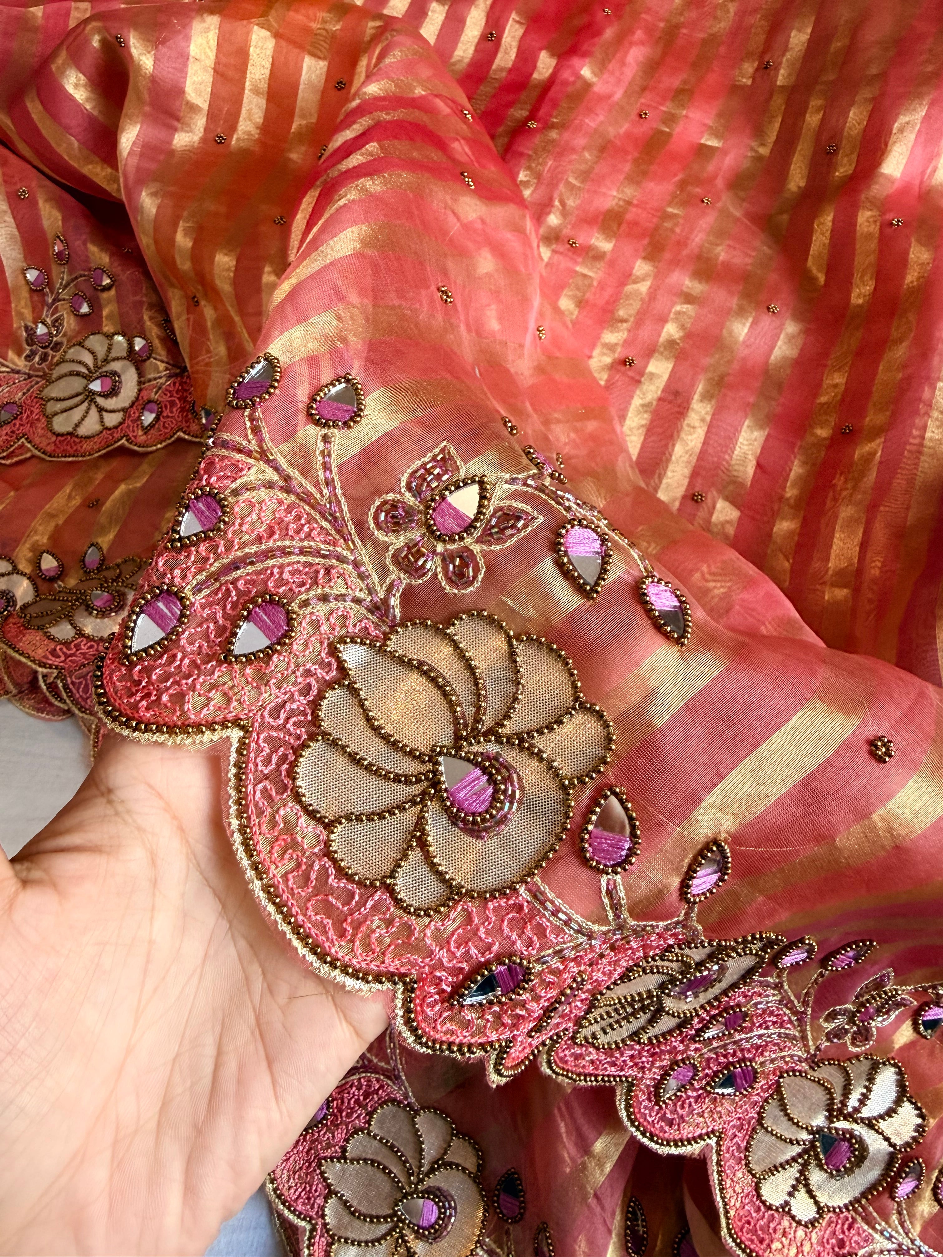 Phool wali rangeen tissue silk striped rangkaat hand embroidered saree