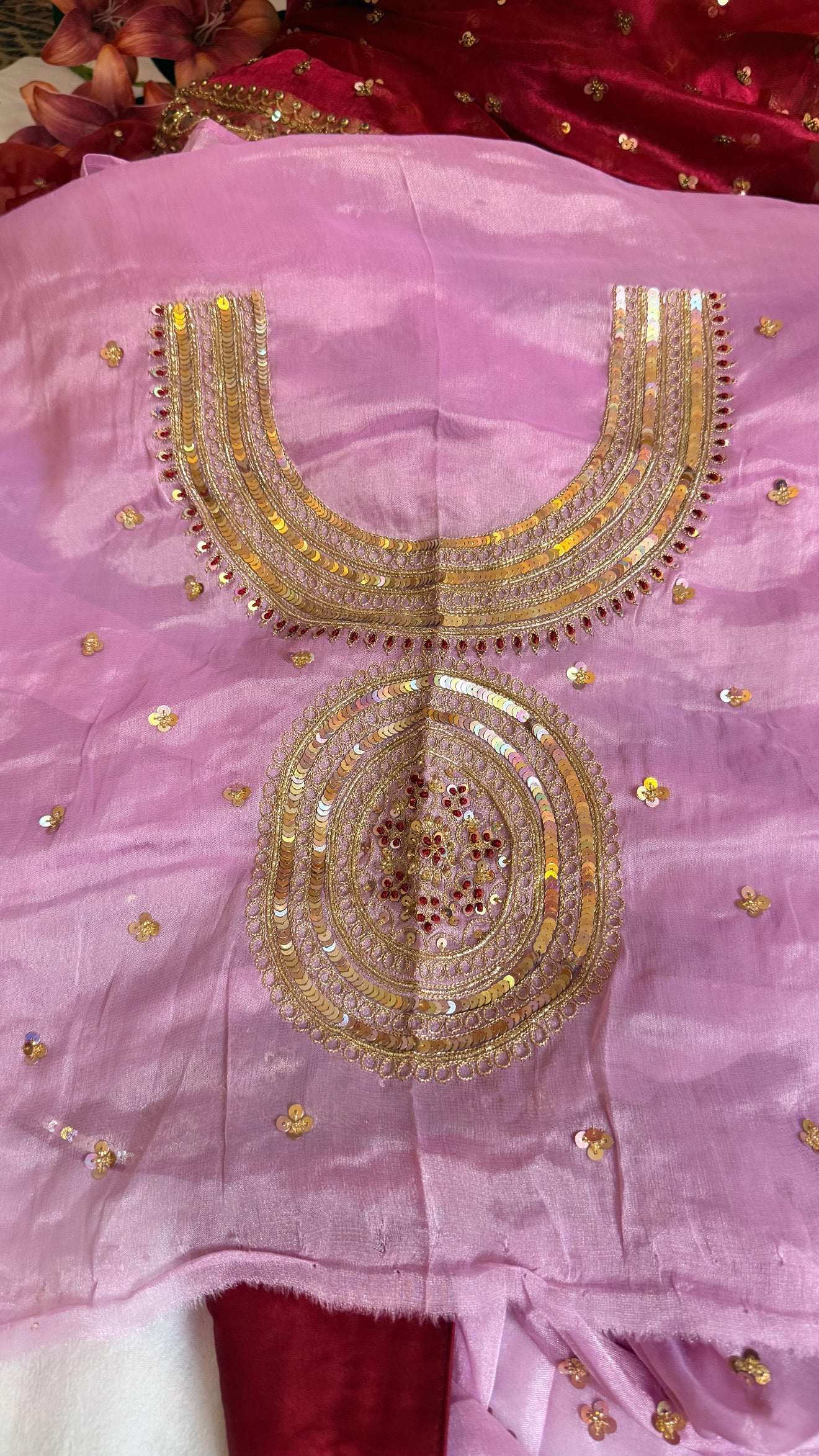 Blush pink tissue gorgette chunri buti hand embroidered kadhwa saree