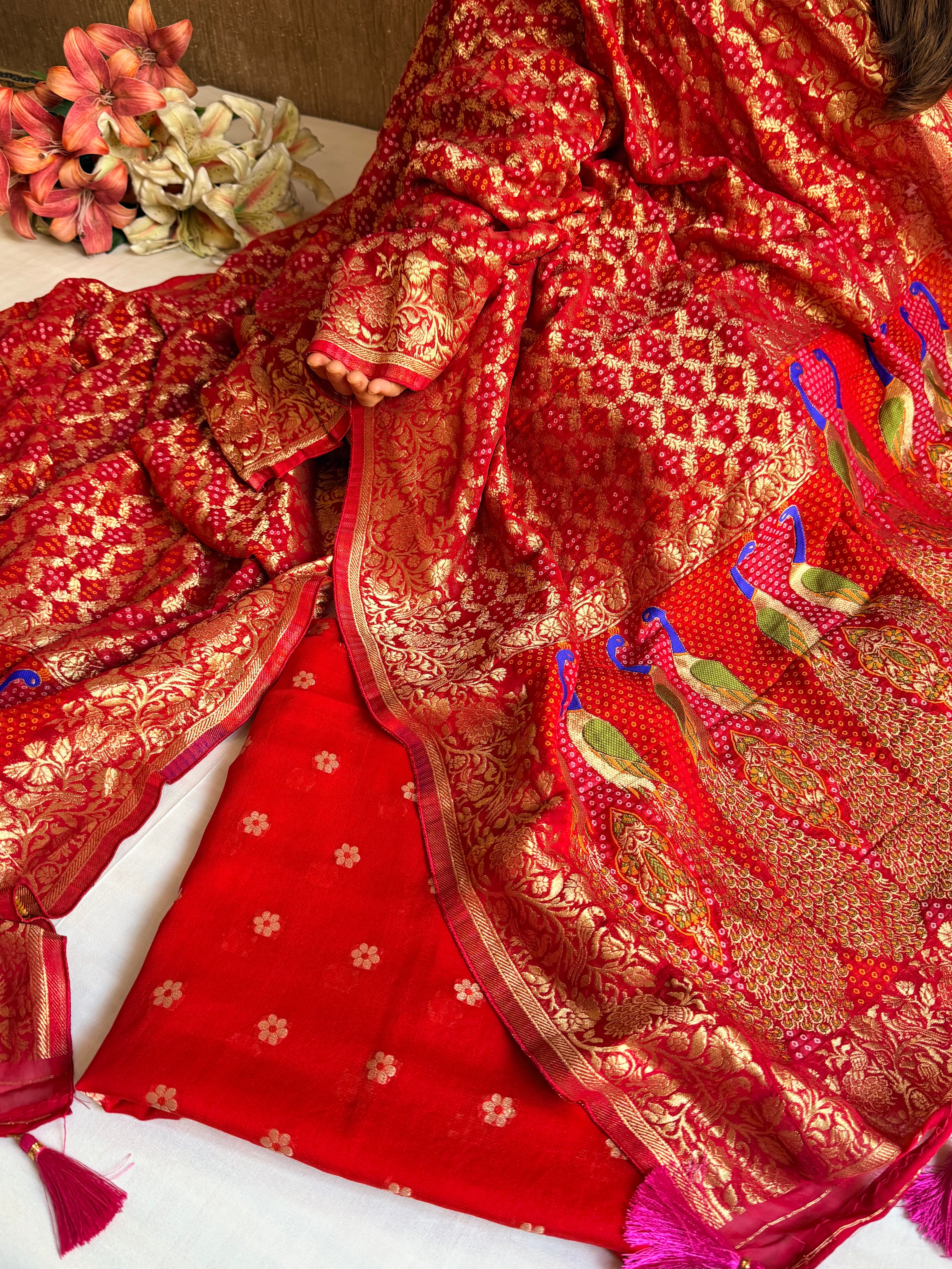 Banarasi rai bandhej peacock weaving gorgette kadhwa suits