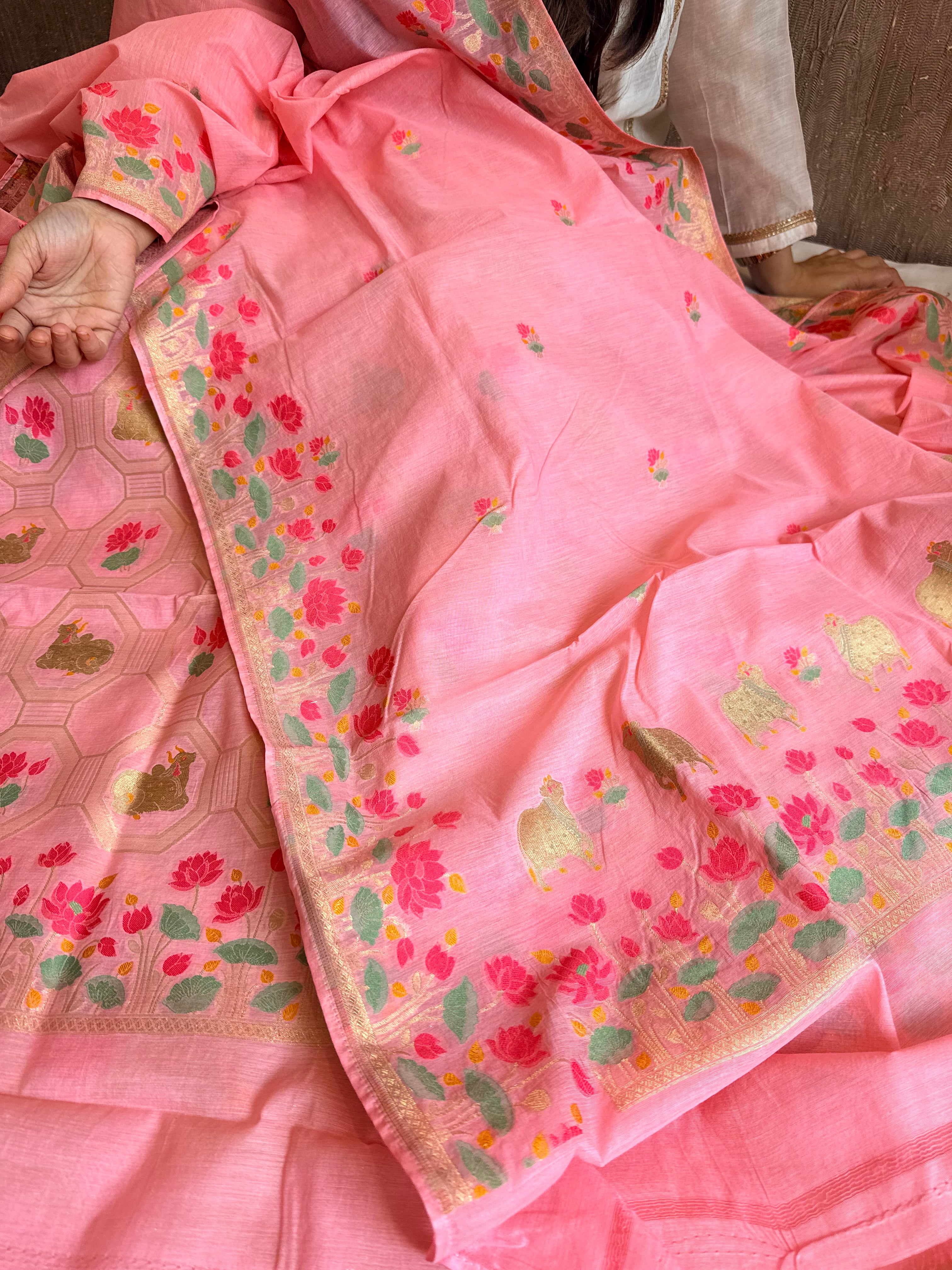 Mul cotton banarasi meenakari nandu motif suit sets