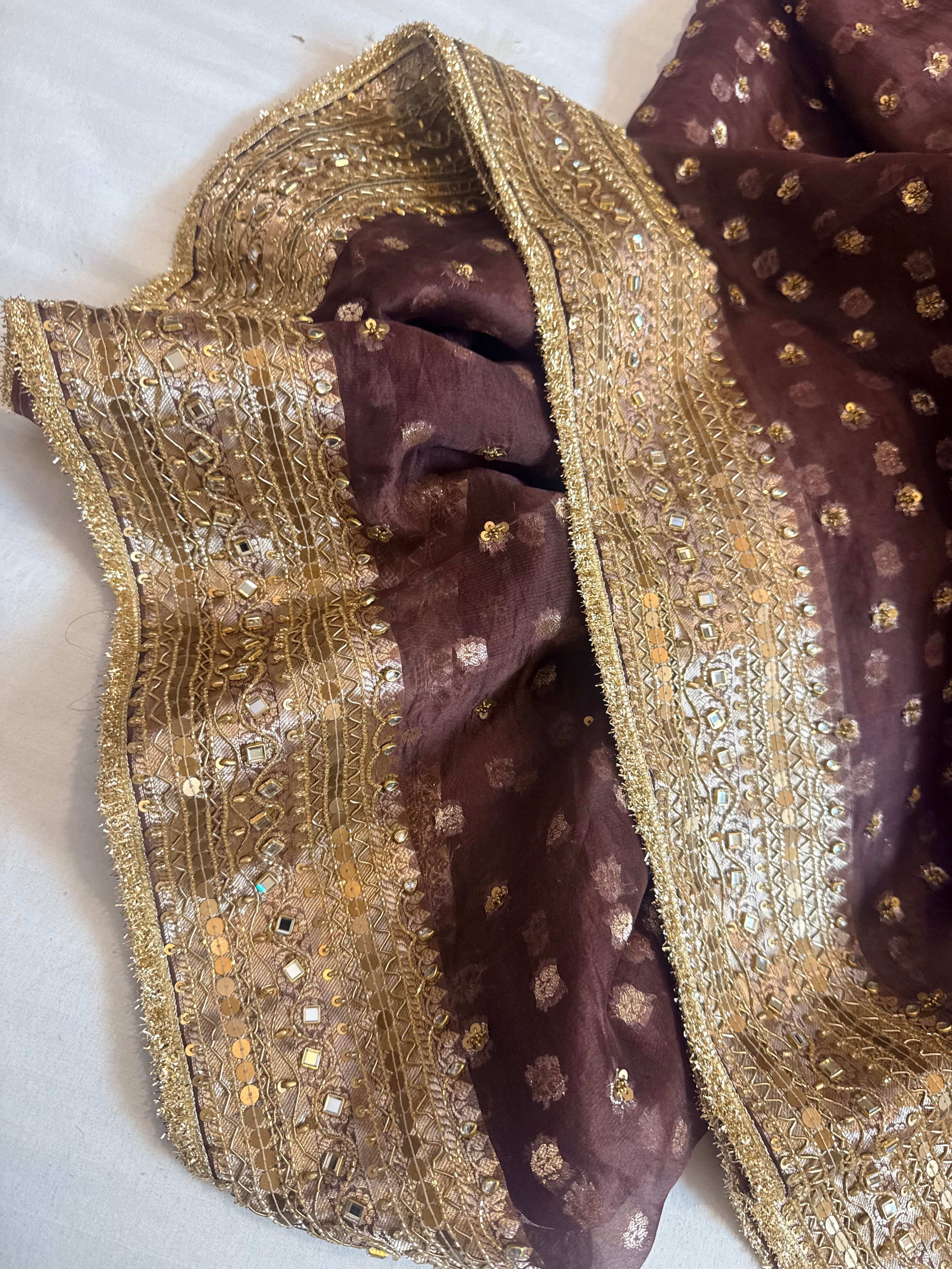 Coffee brown kora silk bollywood inspired antique work hand embroidered saree ( Blouse unstitched)