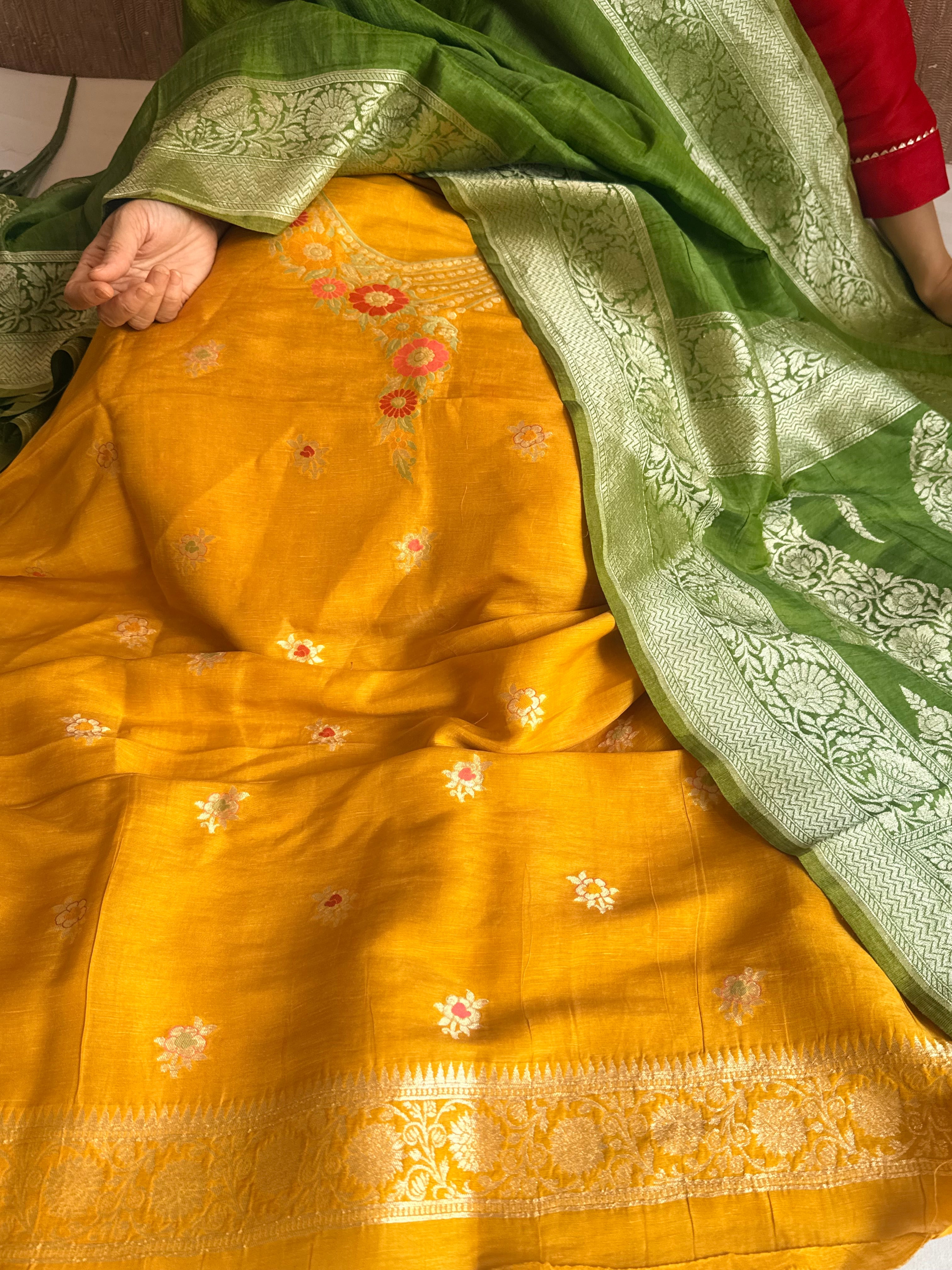 Banarasi linen gorgette neckwork weaving meenakari suit set