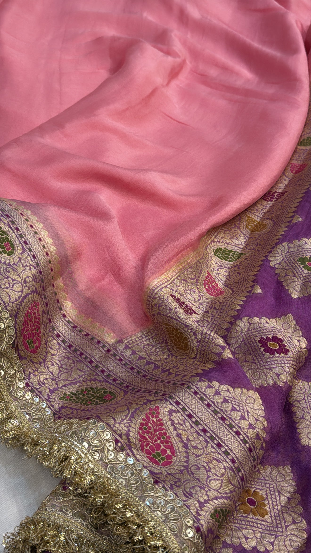 Banarasi chiffon gorgette chap dye contrast border kadhwa weaving saree