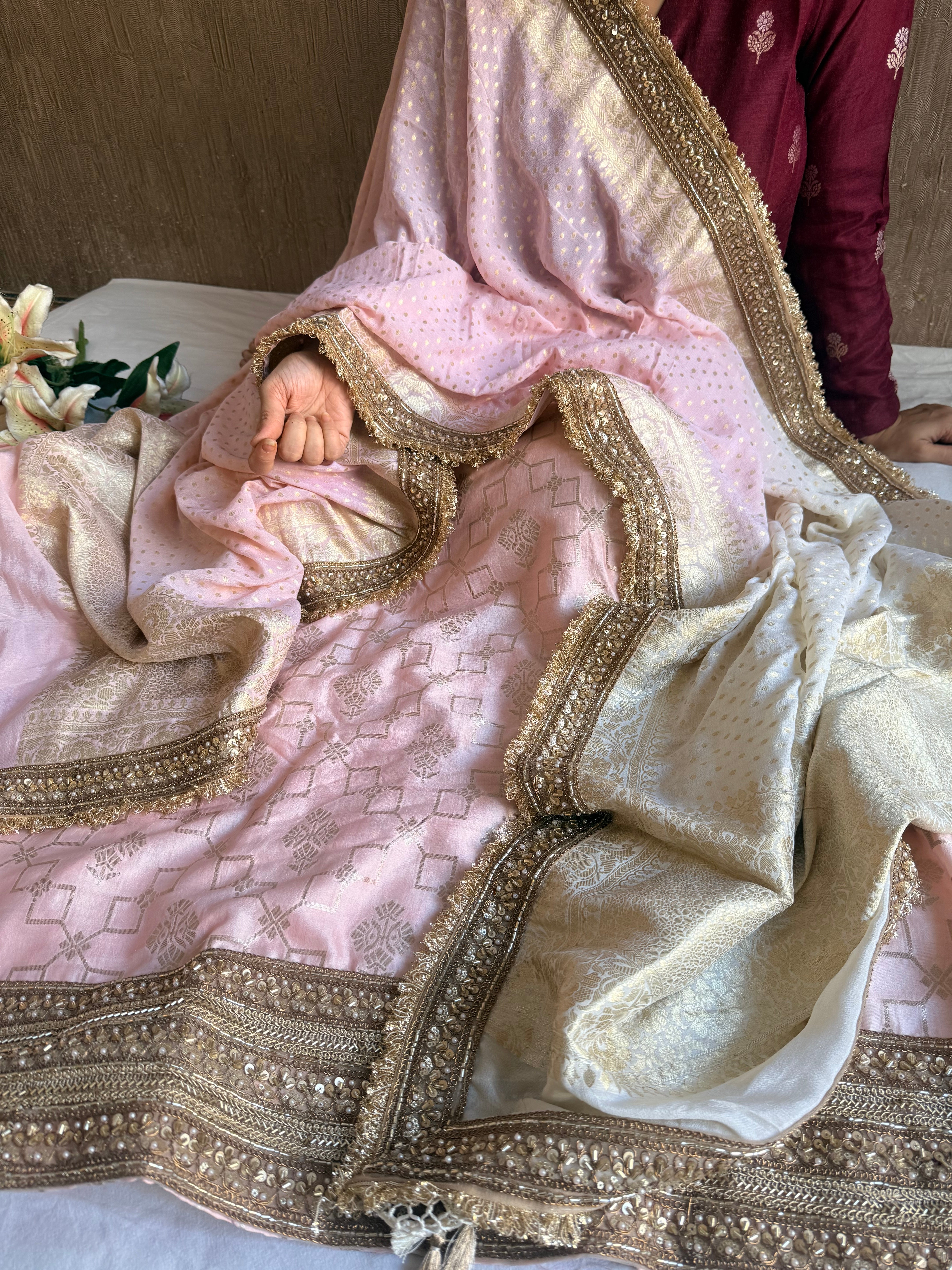 Blush pink - sage green moonga silk zardozi hand embroidered suit sets