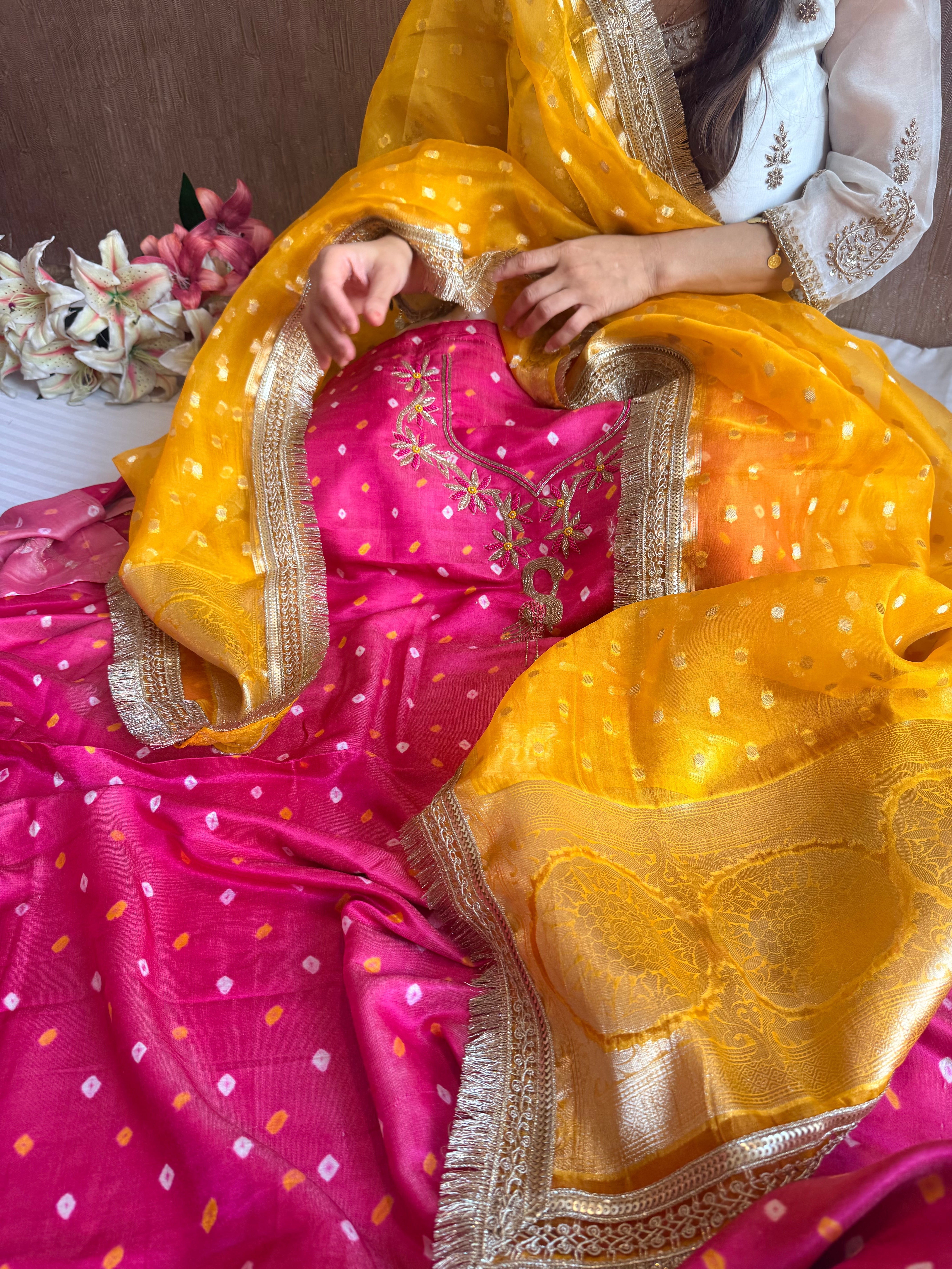 Hot pink - haldi yellow chiniya silk kadhwa buta kurta paired with kora silk red duppata