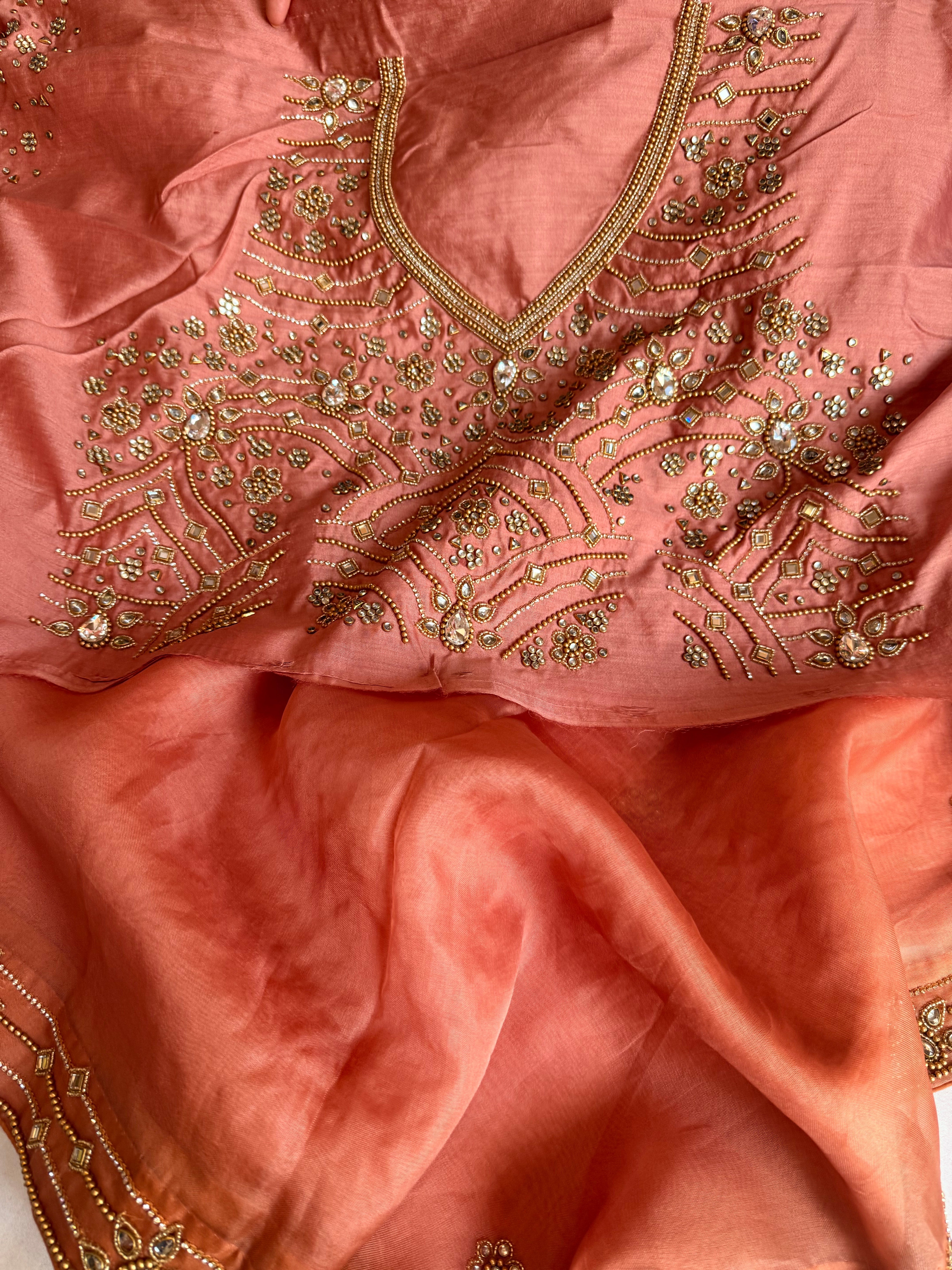 Banarasi rose peach kora silk polki hand embroidered kadhwa saree