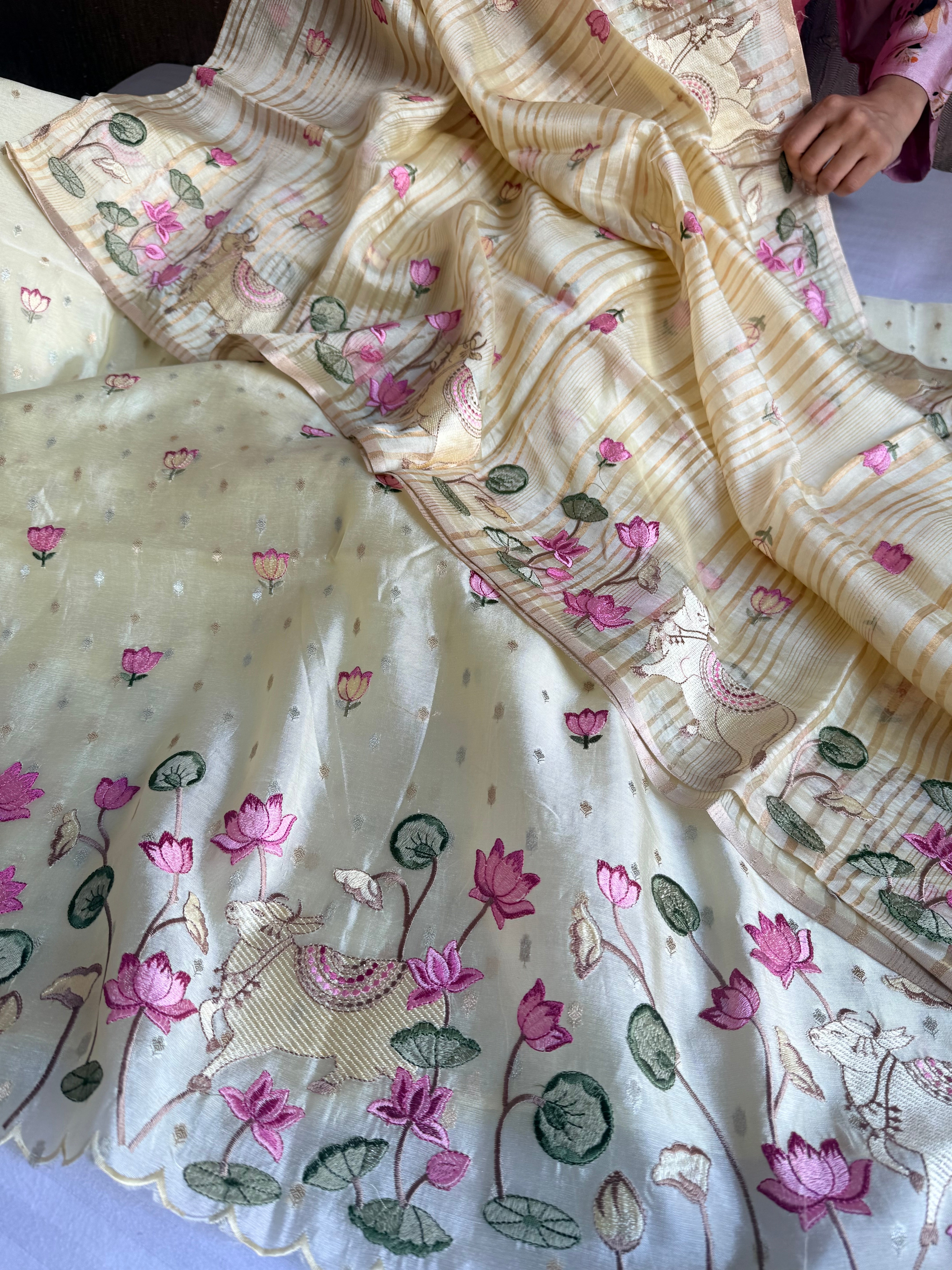 Suits under 10k - Spun chiniya silk parsi gara hand embroidered suit set