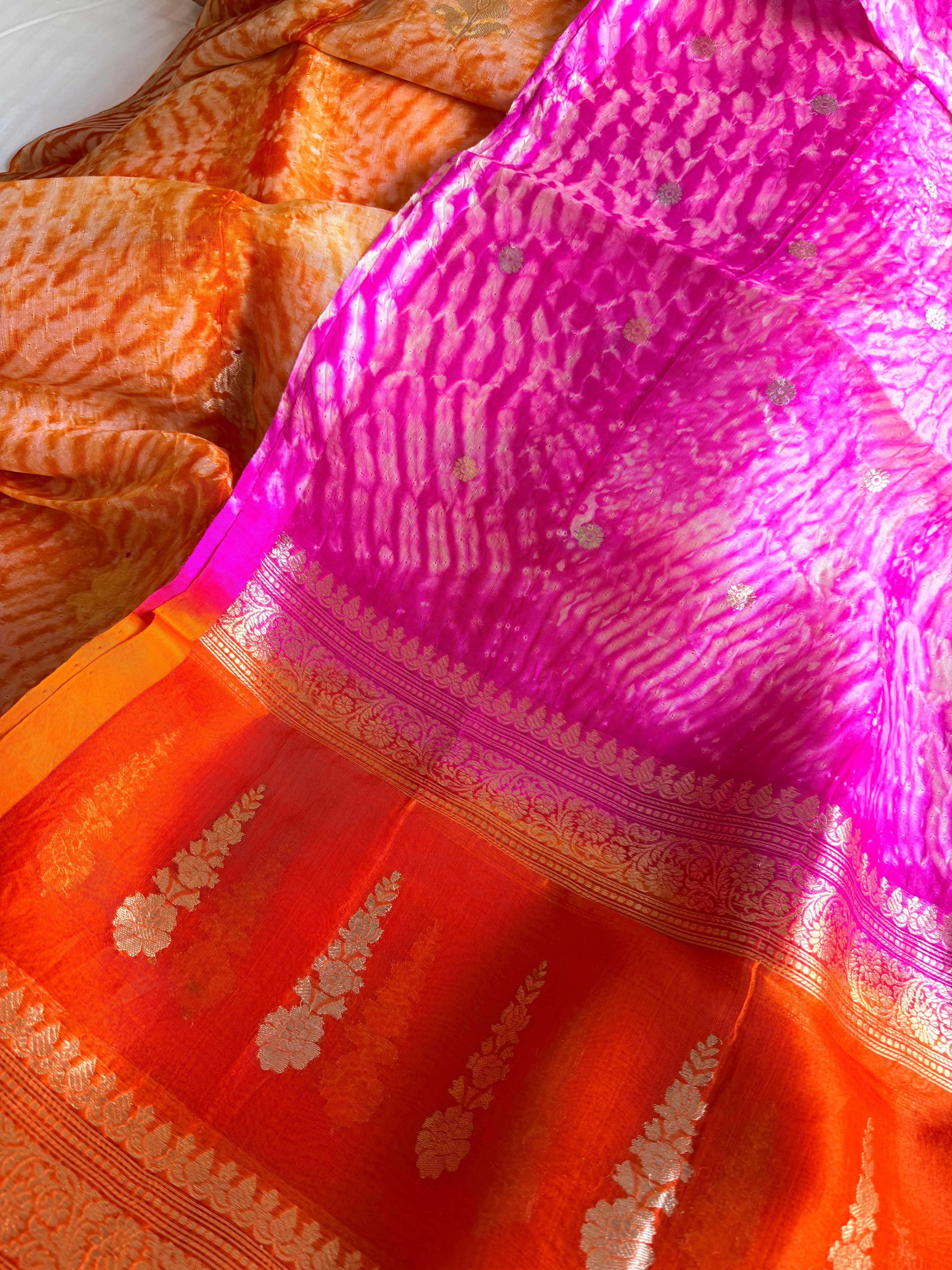 Shibori dye banarasi kora silk rani-orange kadhwa buti suit set