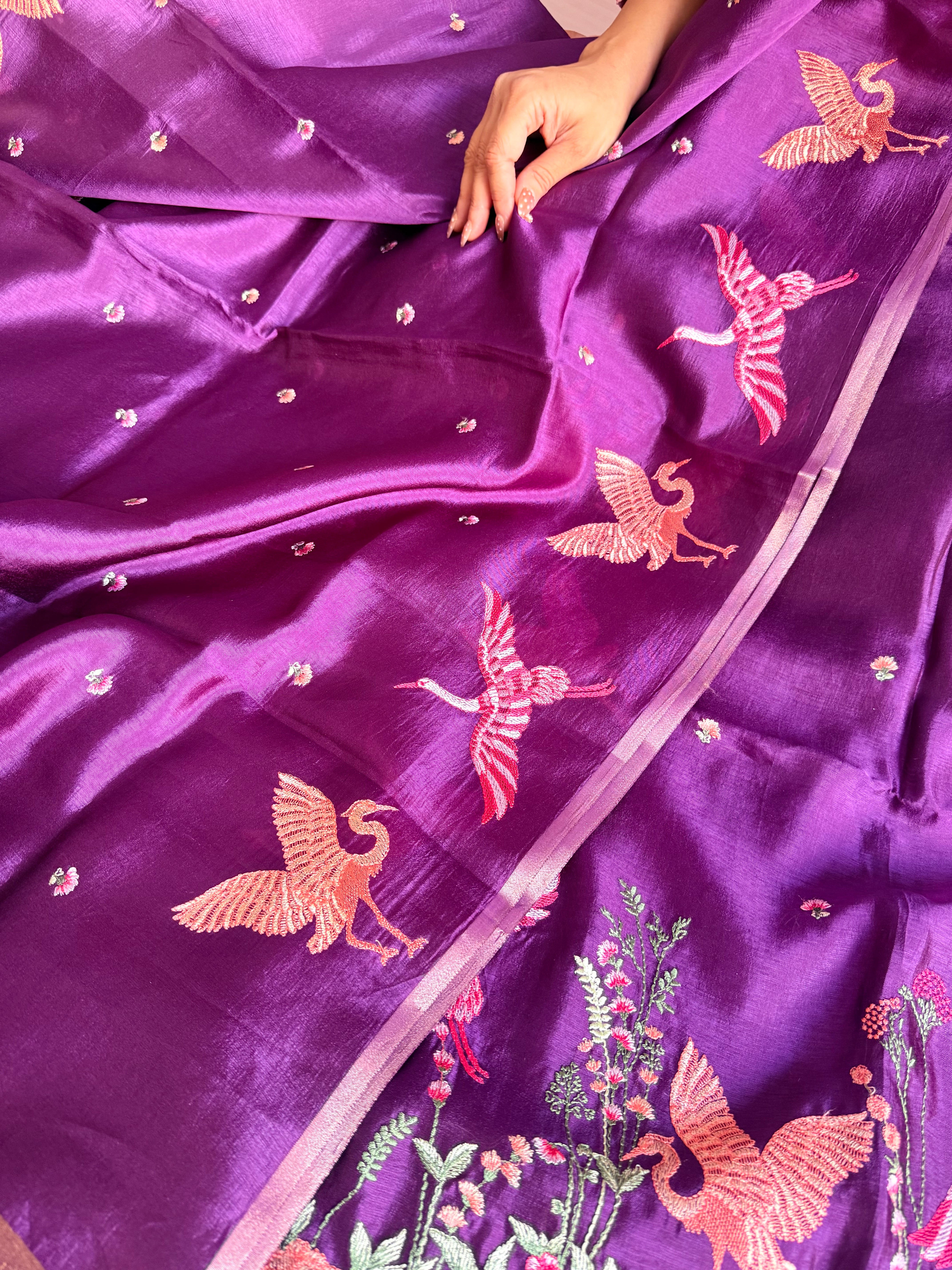 Suits under 10k - Spun chiniya silk parsi gara hand embroidered suit set