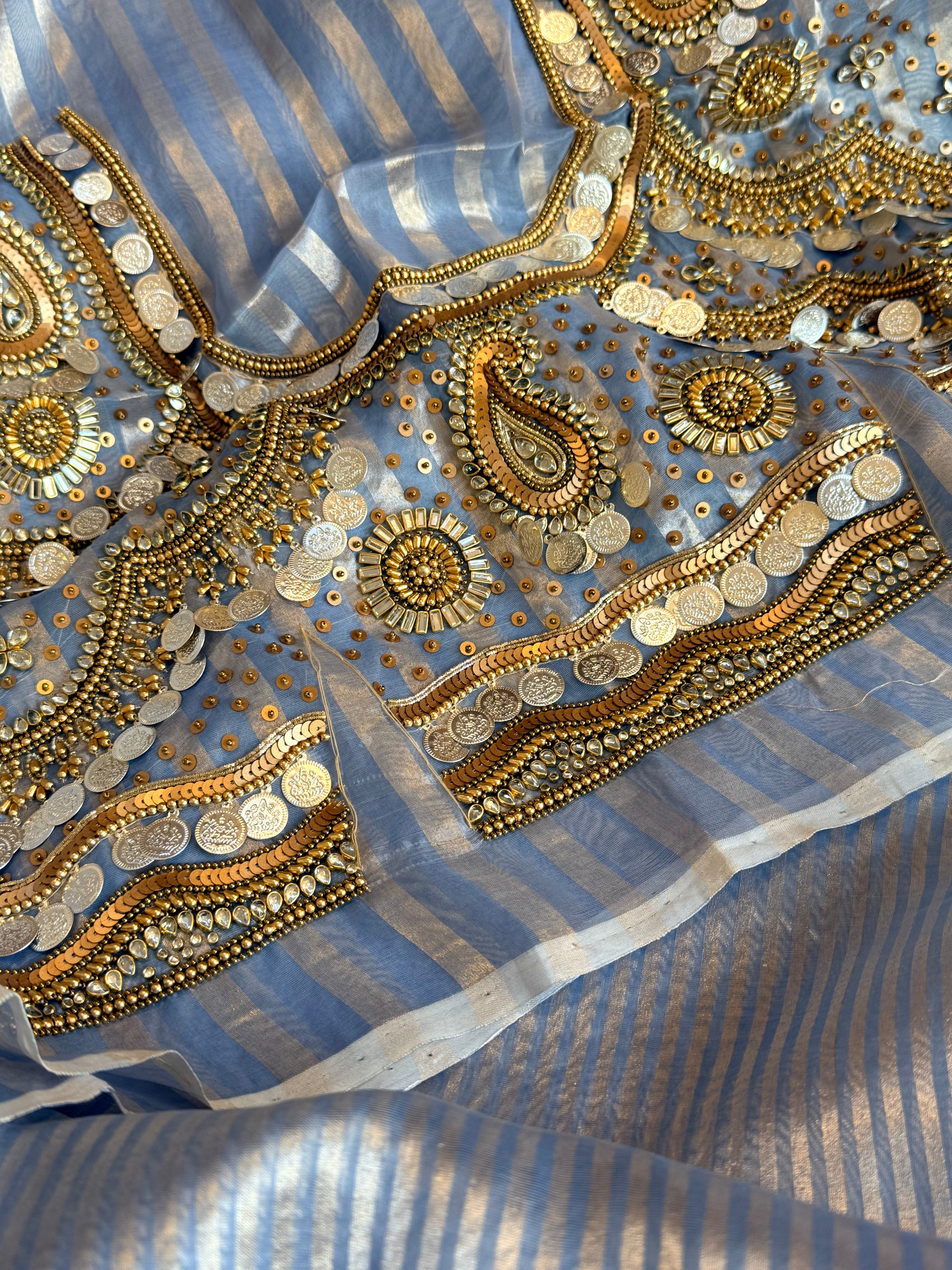 Kundan blouse edit -  tissue silk hand embroidered striped saree with jewellery blouse