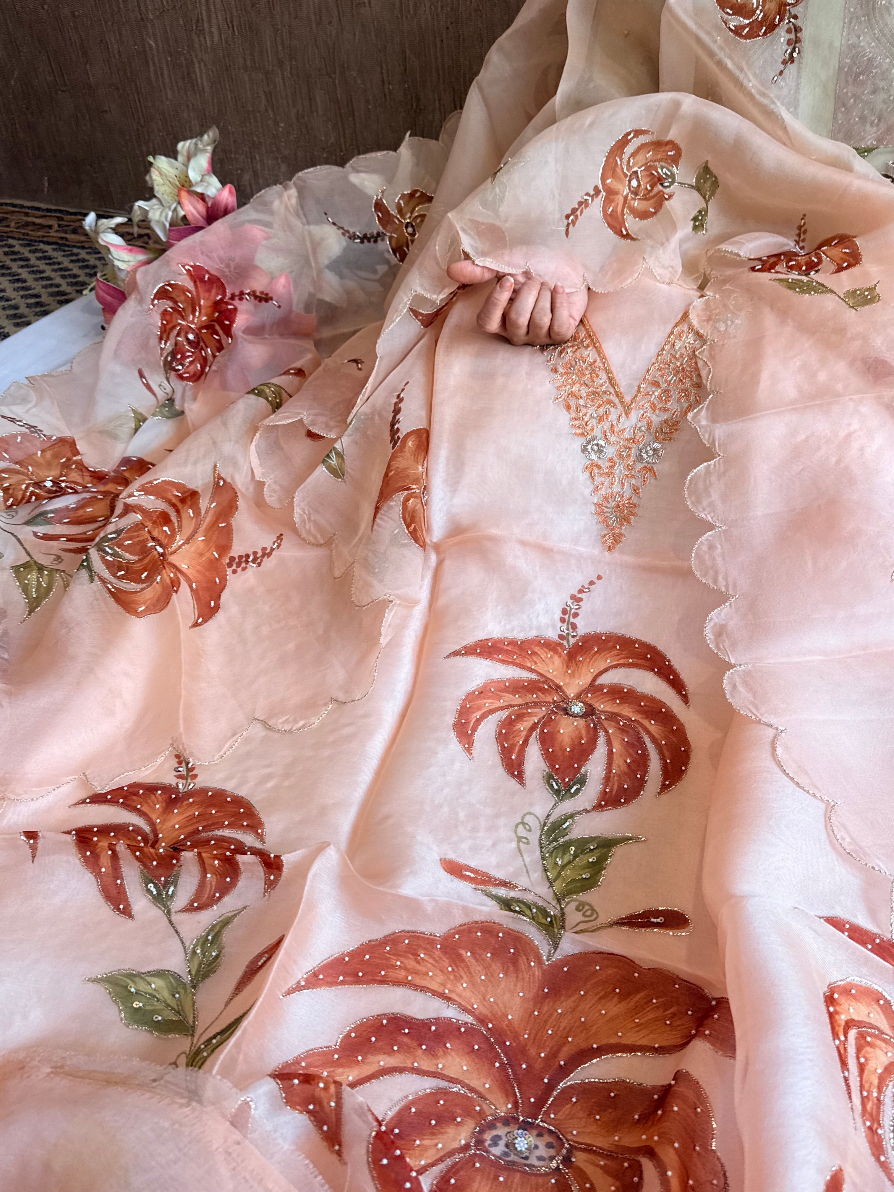 Banarasi Kora silk hand embroidered floral printed suit set