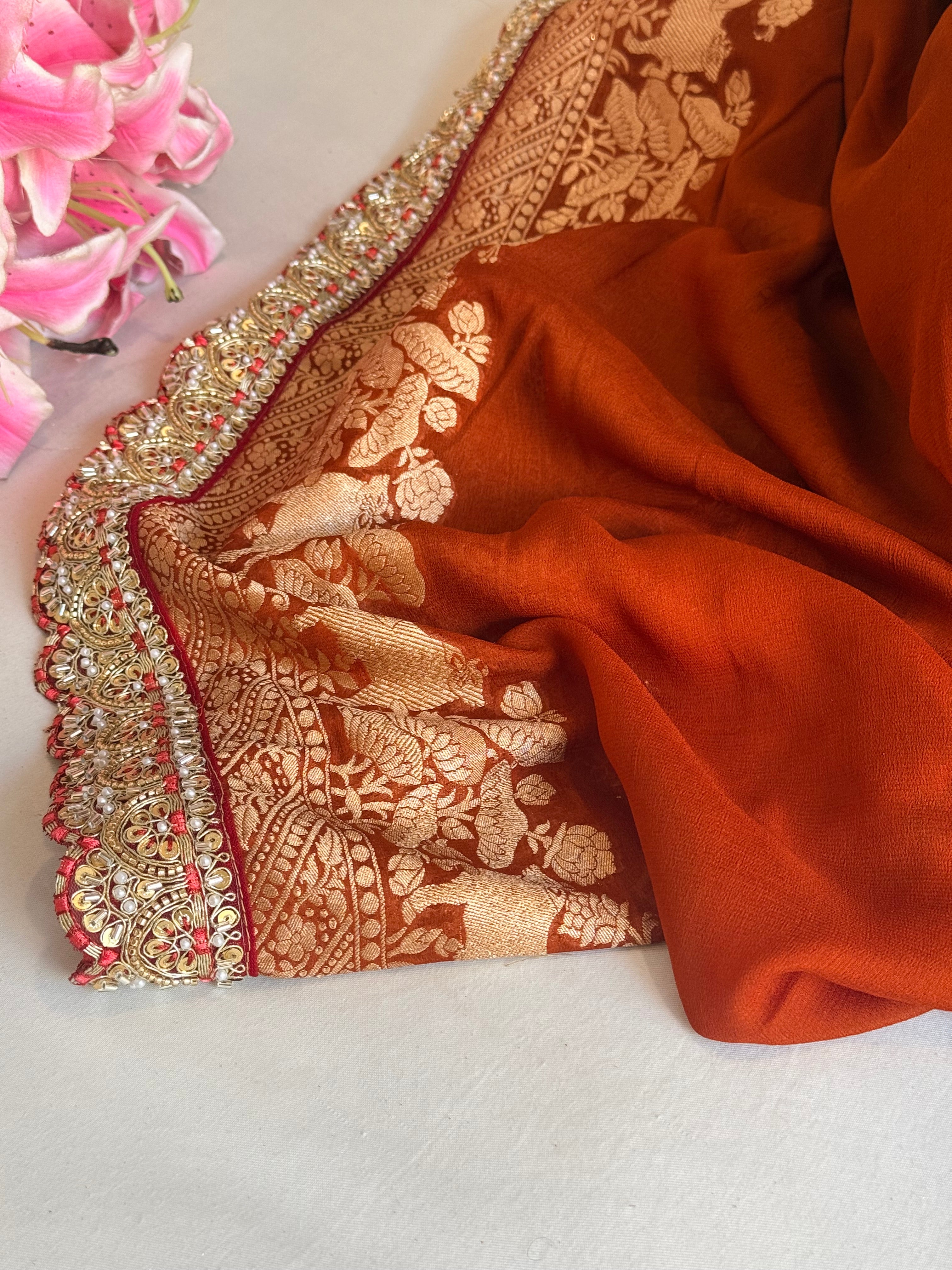Brick red shikargah kadhwa border chiffon gorgette banarasi saree