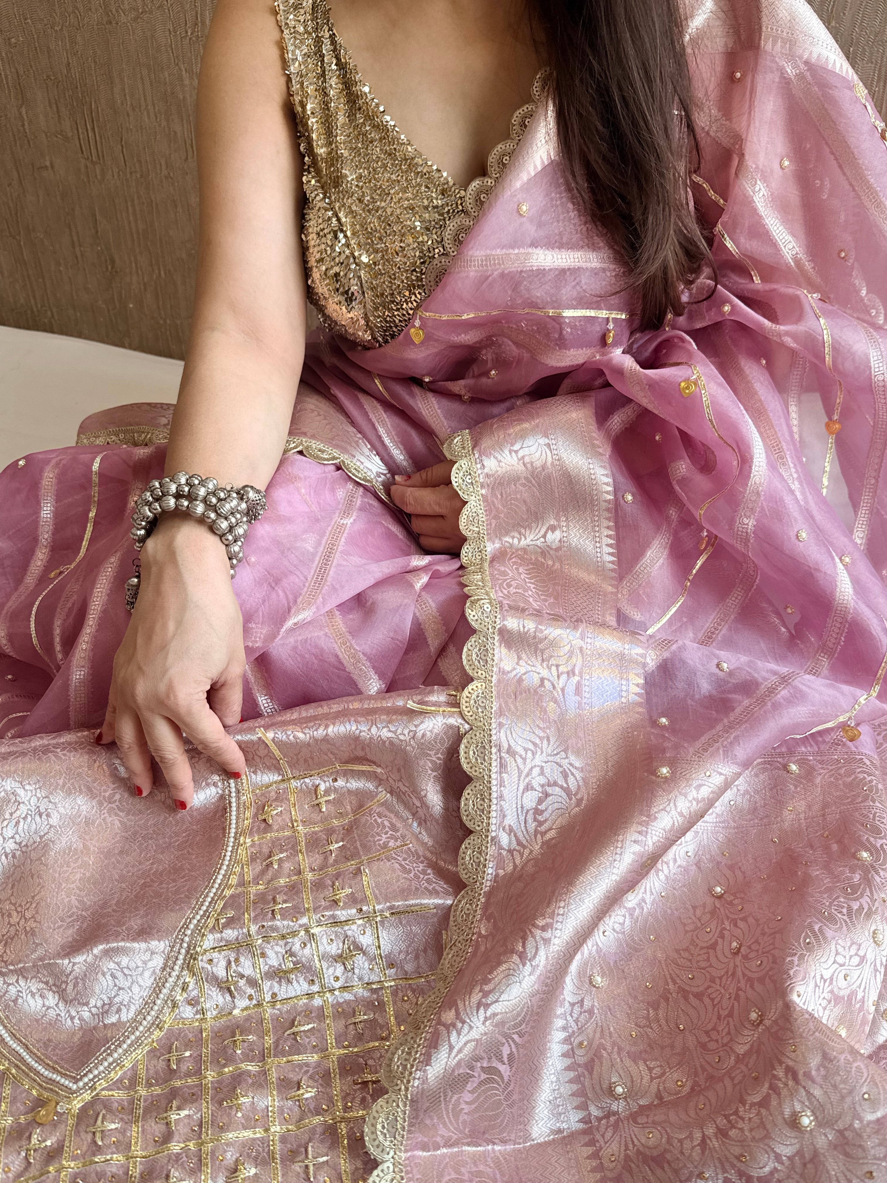 Kora silk kadhwa striped gotapatti work hand embroidered saree
