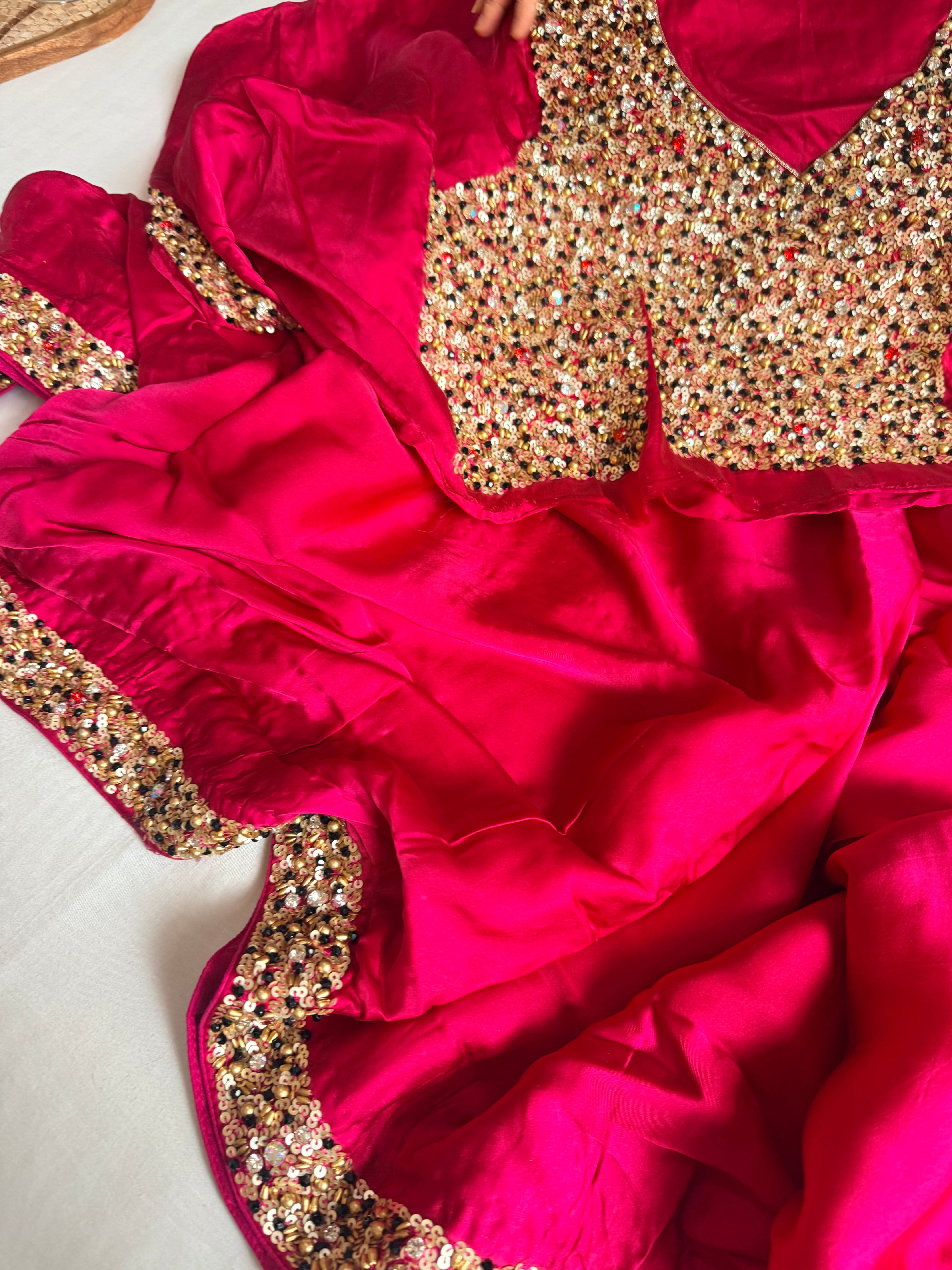 Mashru banarasi satin-sequin work hand embroidered cocktail edit saree