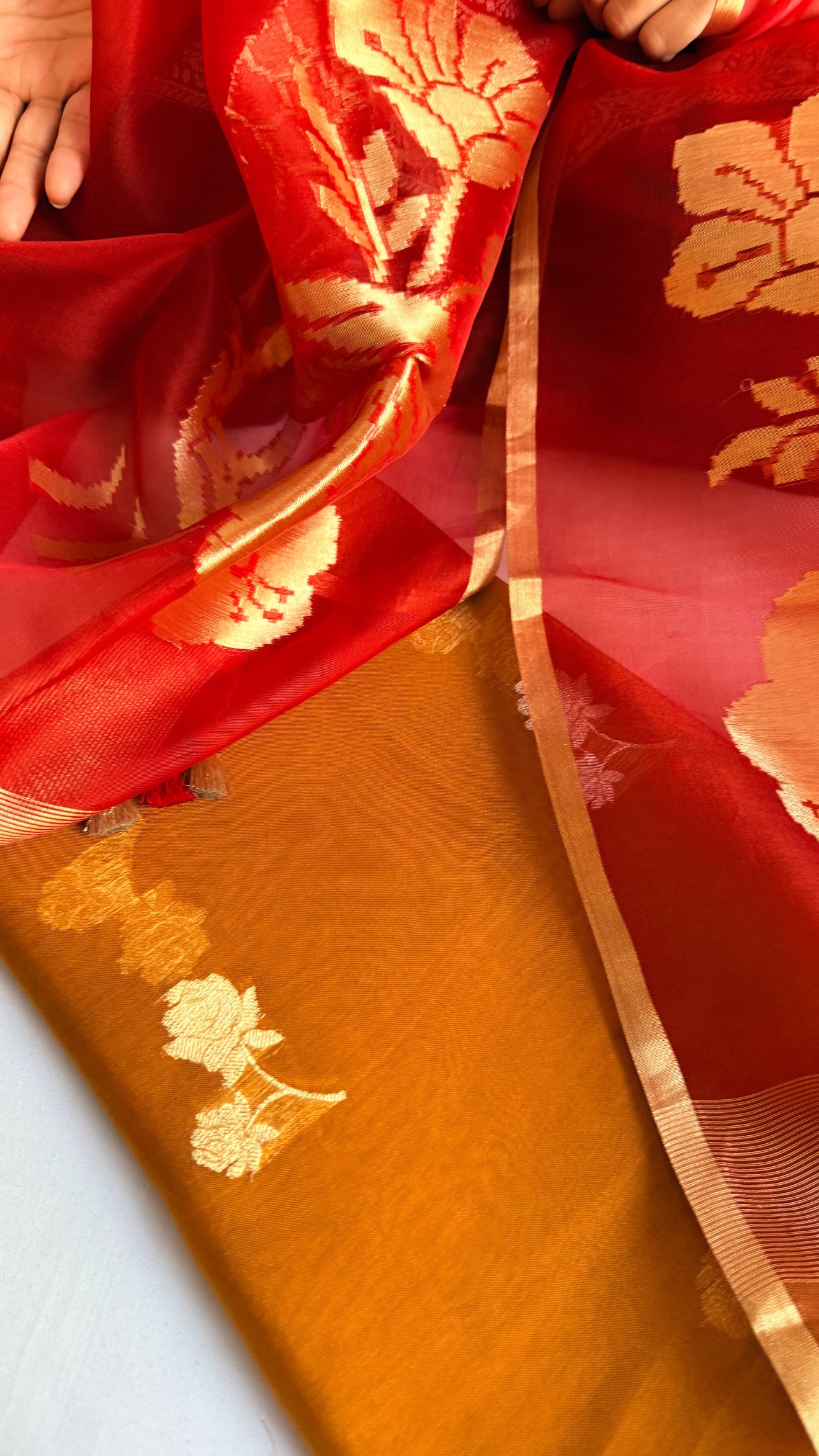 Peacock motif kora silk kadhwa mustard-red combination suit set