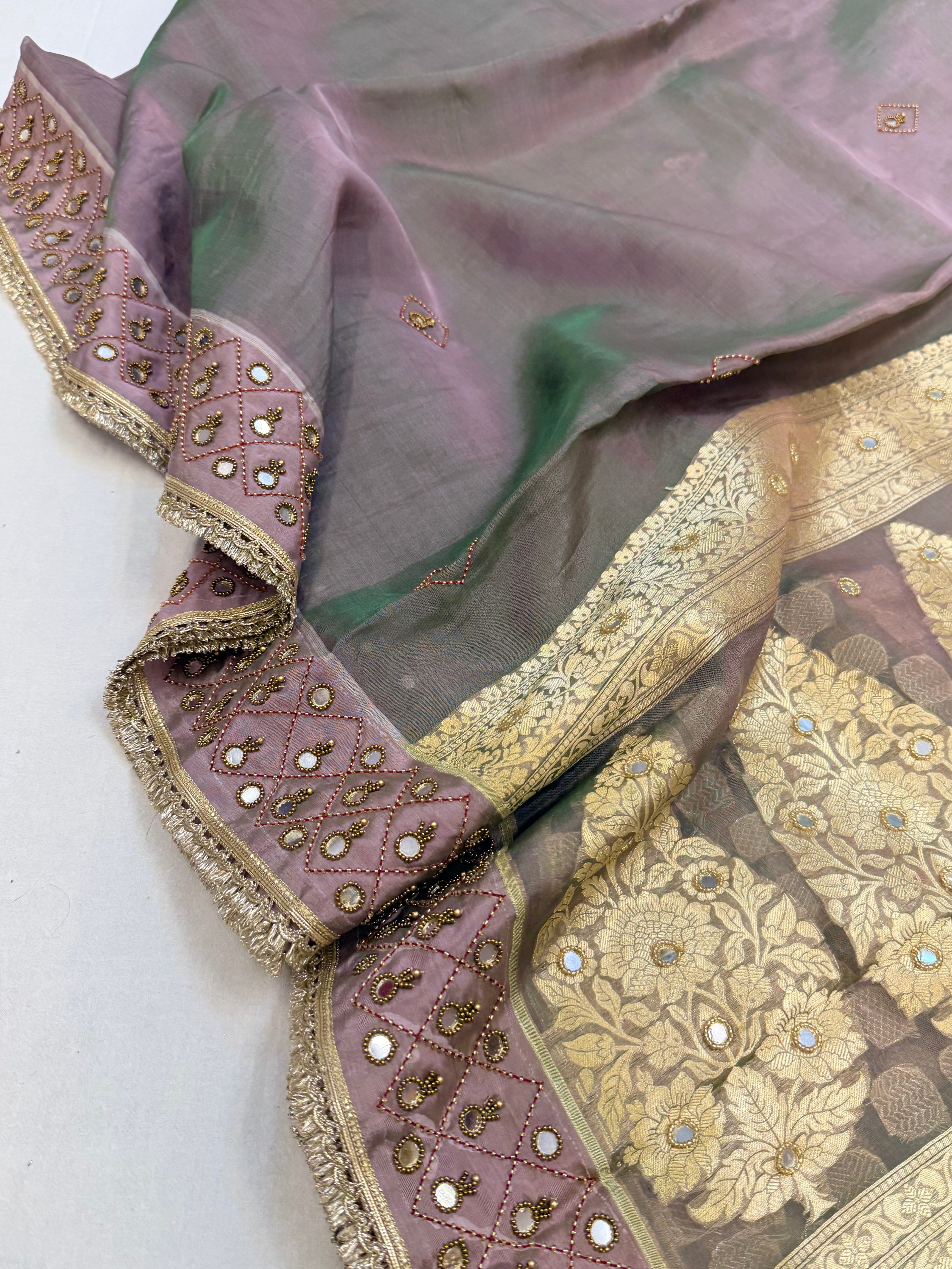 Moonlight purple tissue silk hand embroidered kadhwa saree