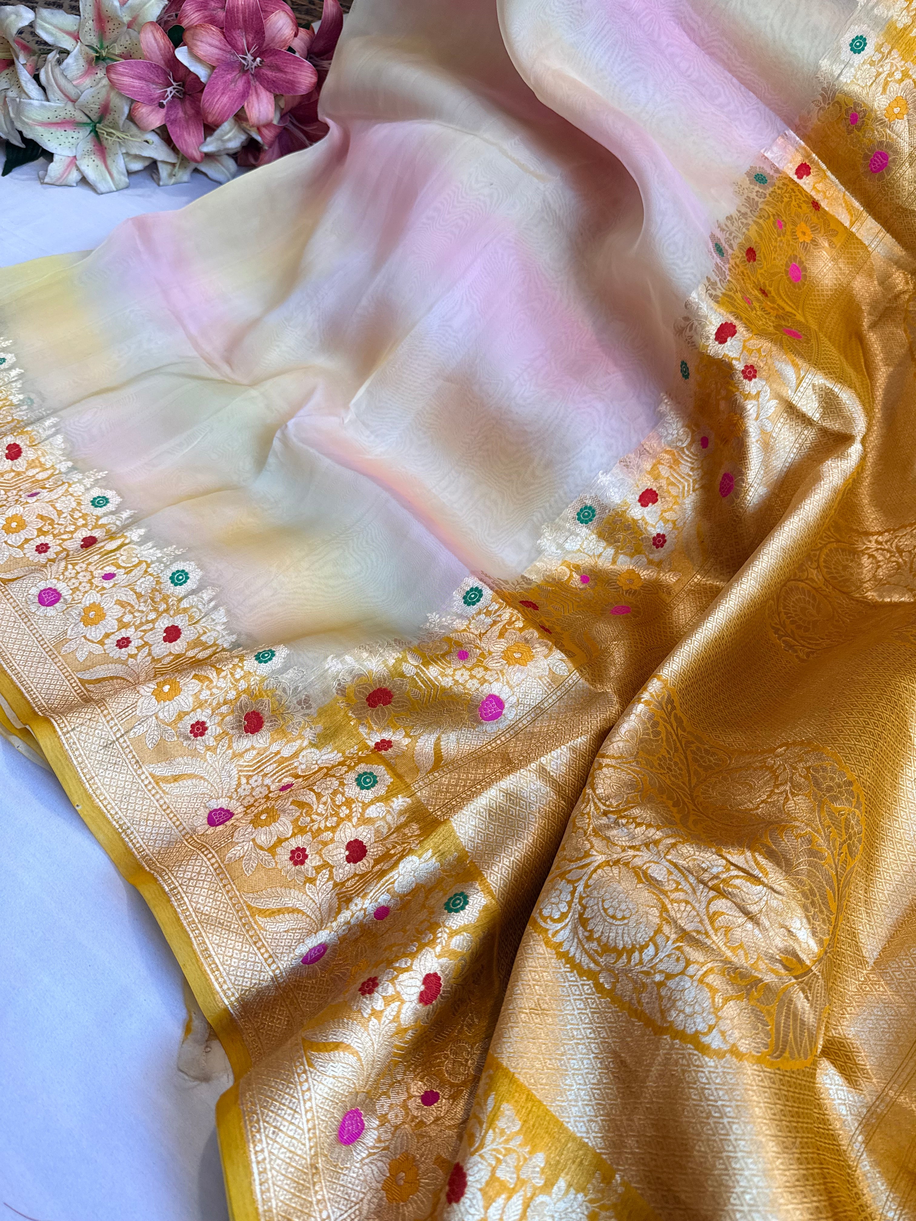 Rainbow dyed kora silk shaded kadhwa meenakari saree