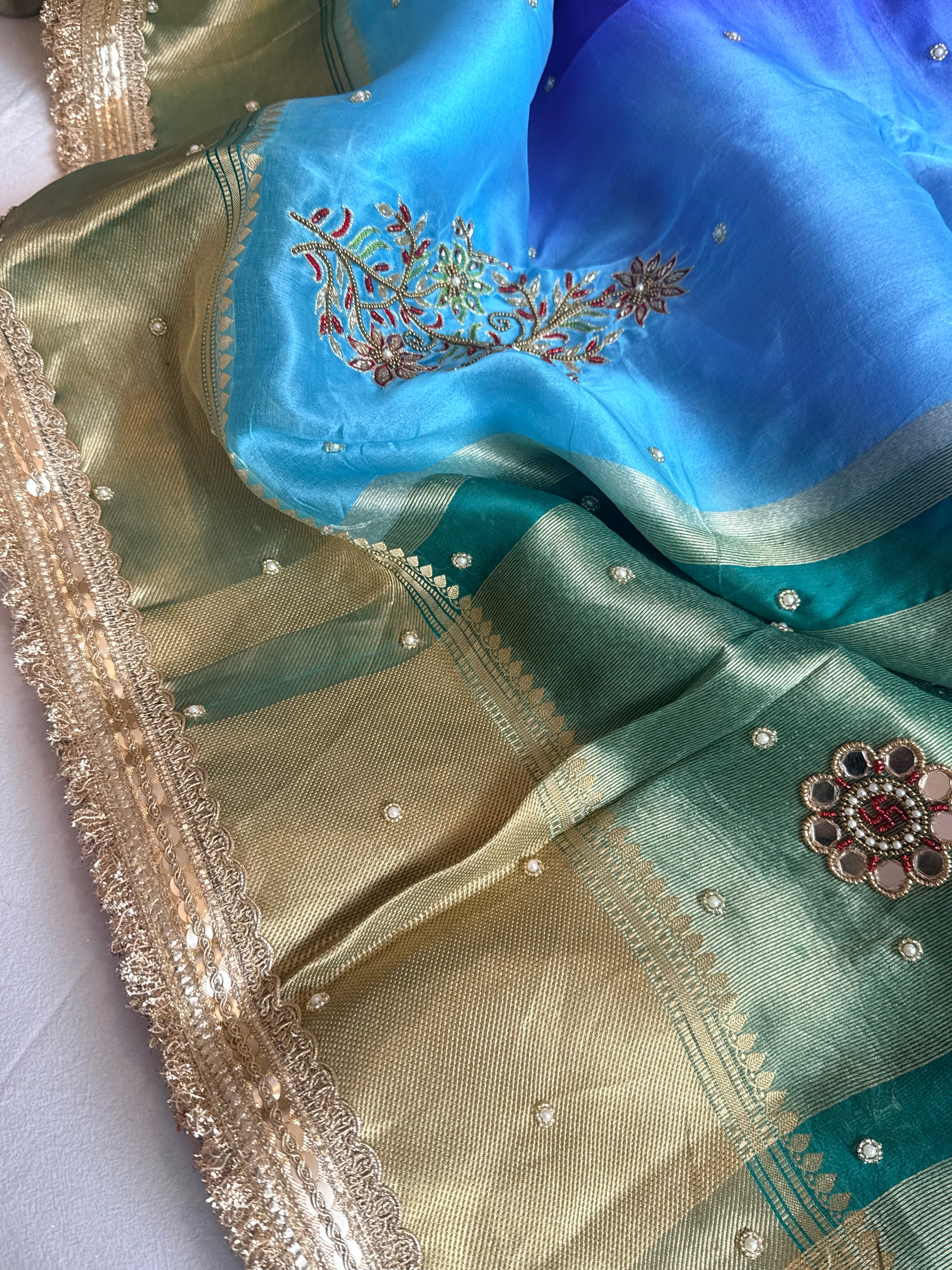 Husn ganga jamuna contrast border kora silk hand embroidered saree