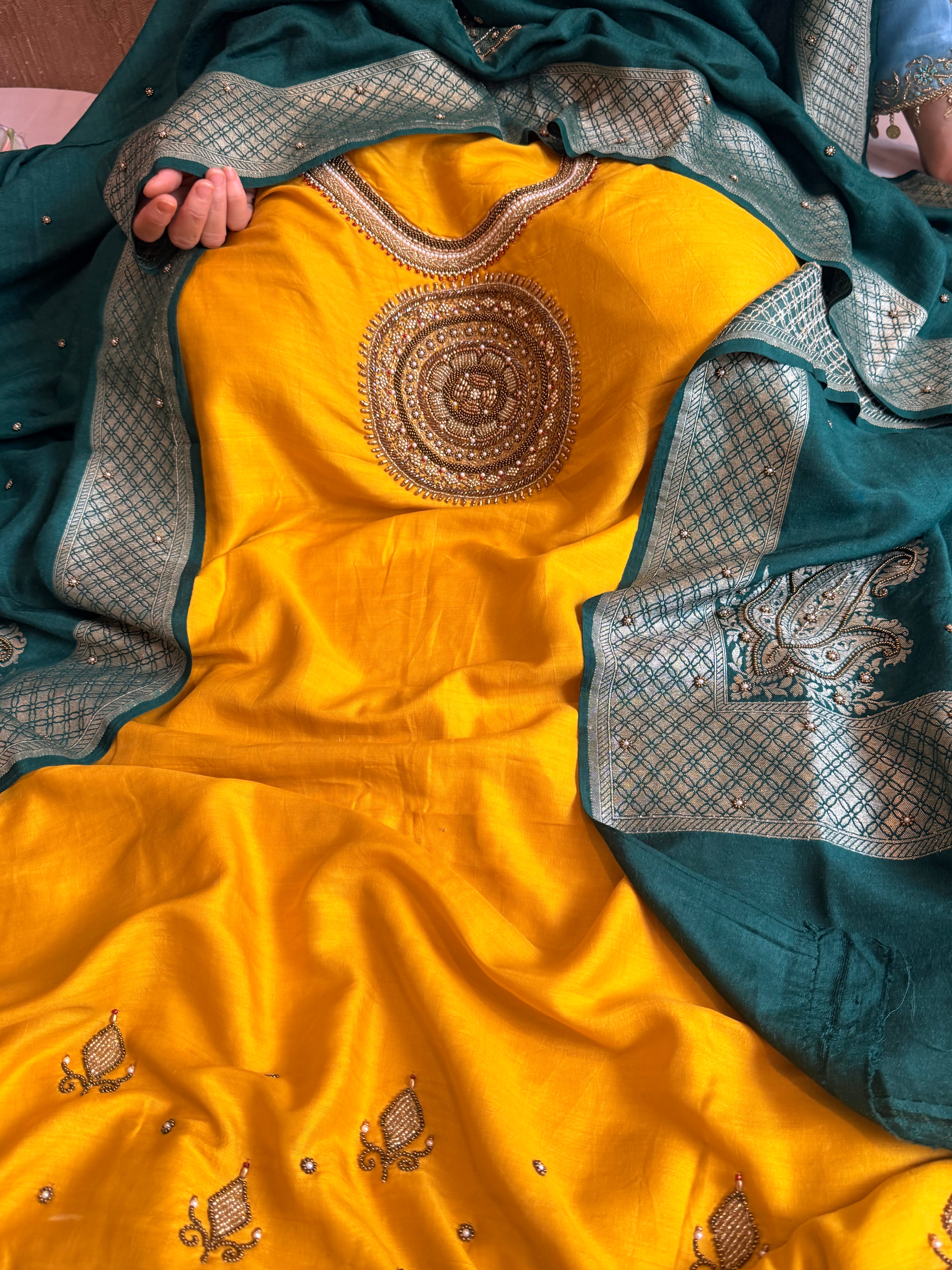 Haldi yellow - Bottle green spun chiniya silk hand embroidered mandala work suit set