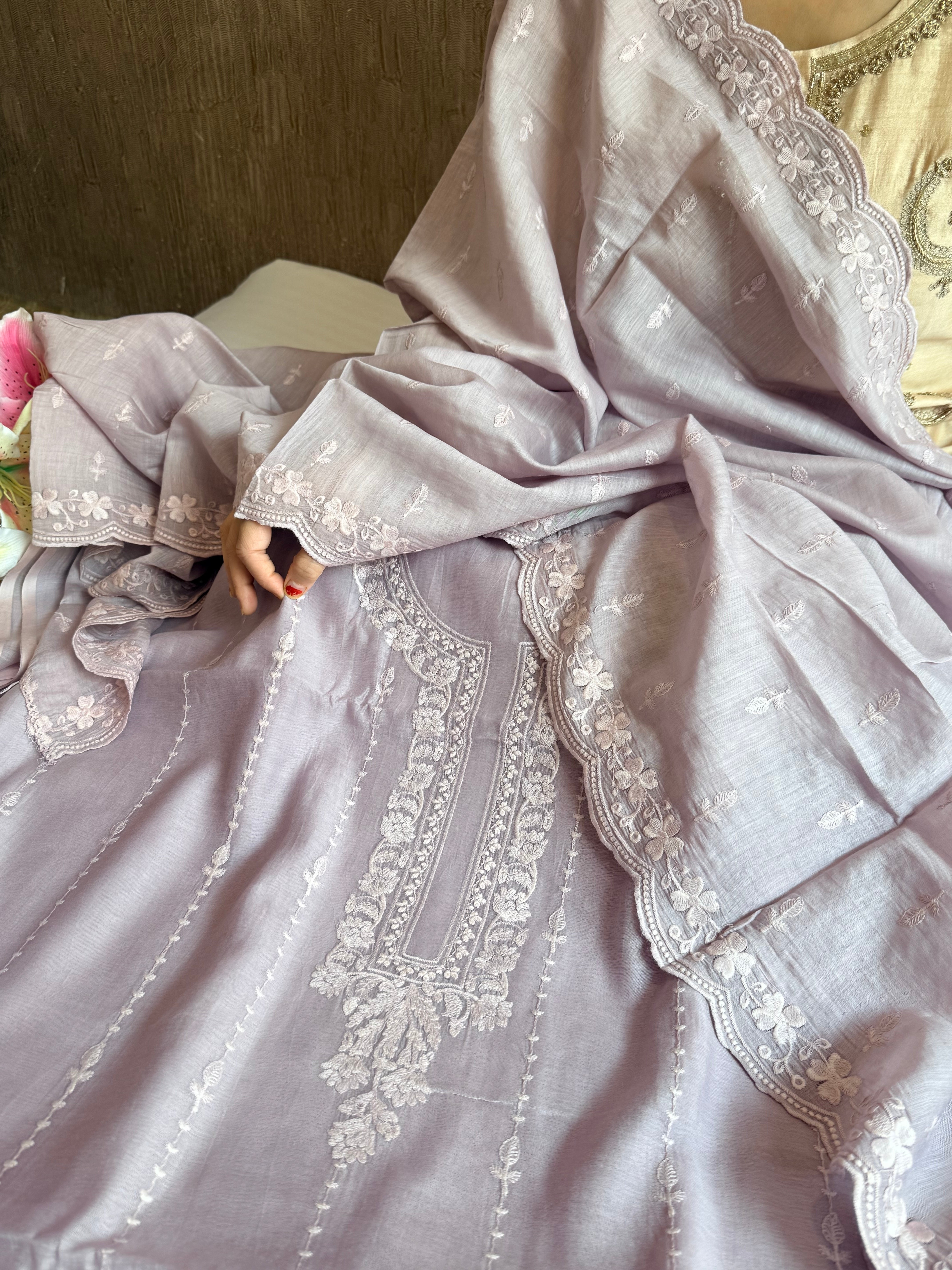 Dusty lilac mul cotton thread hand embroidered suit set