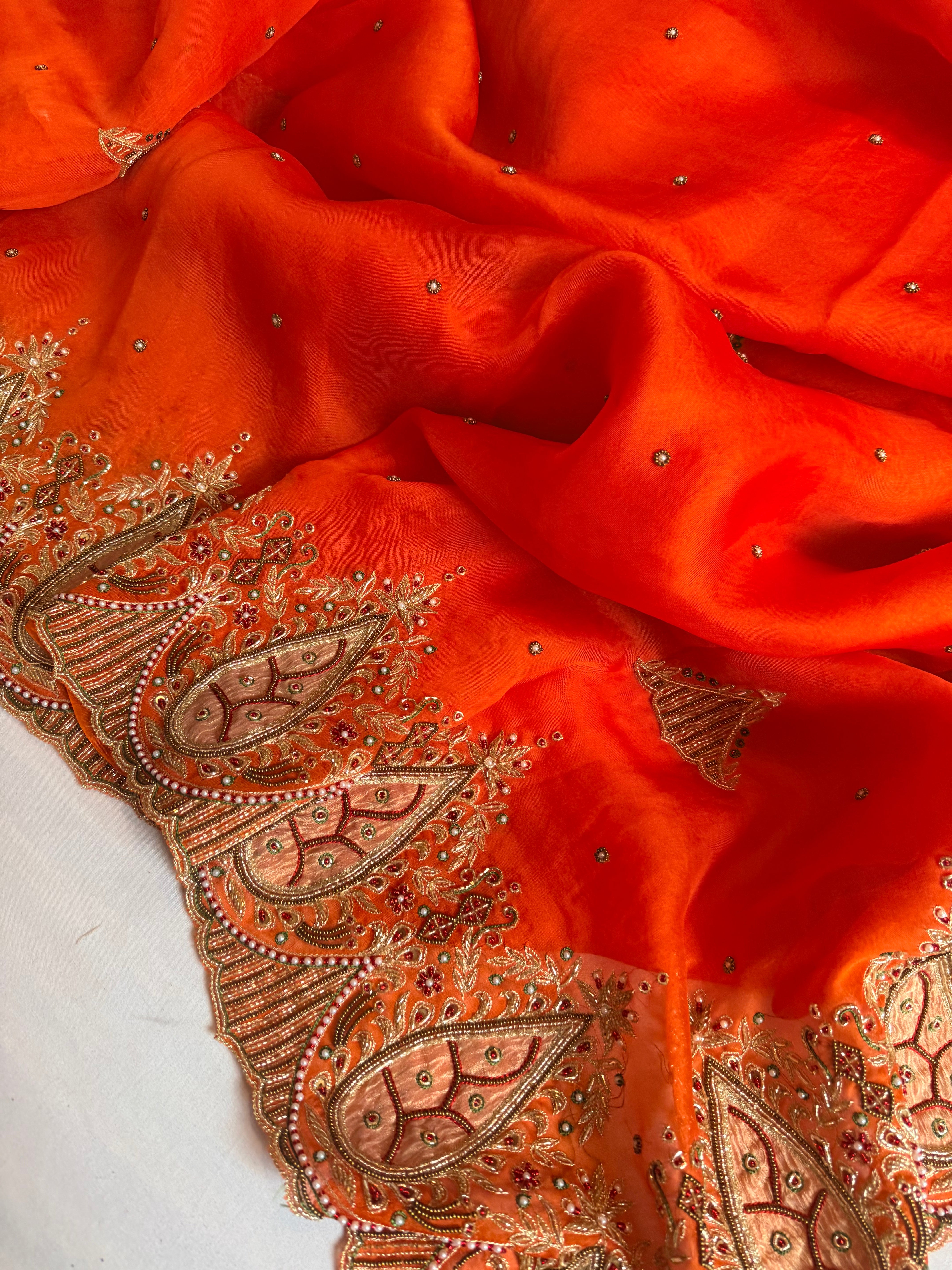 Gulab genda edit - Banarasi Kora silk fanta orange hand embroidered saree
