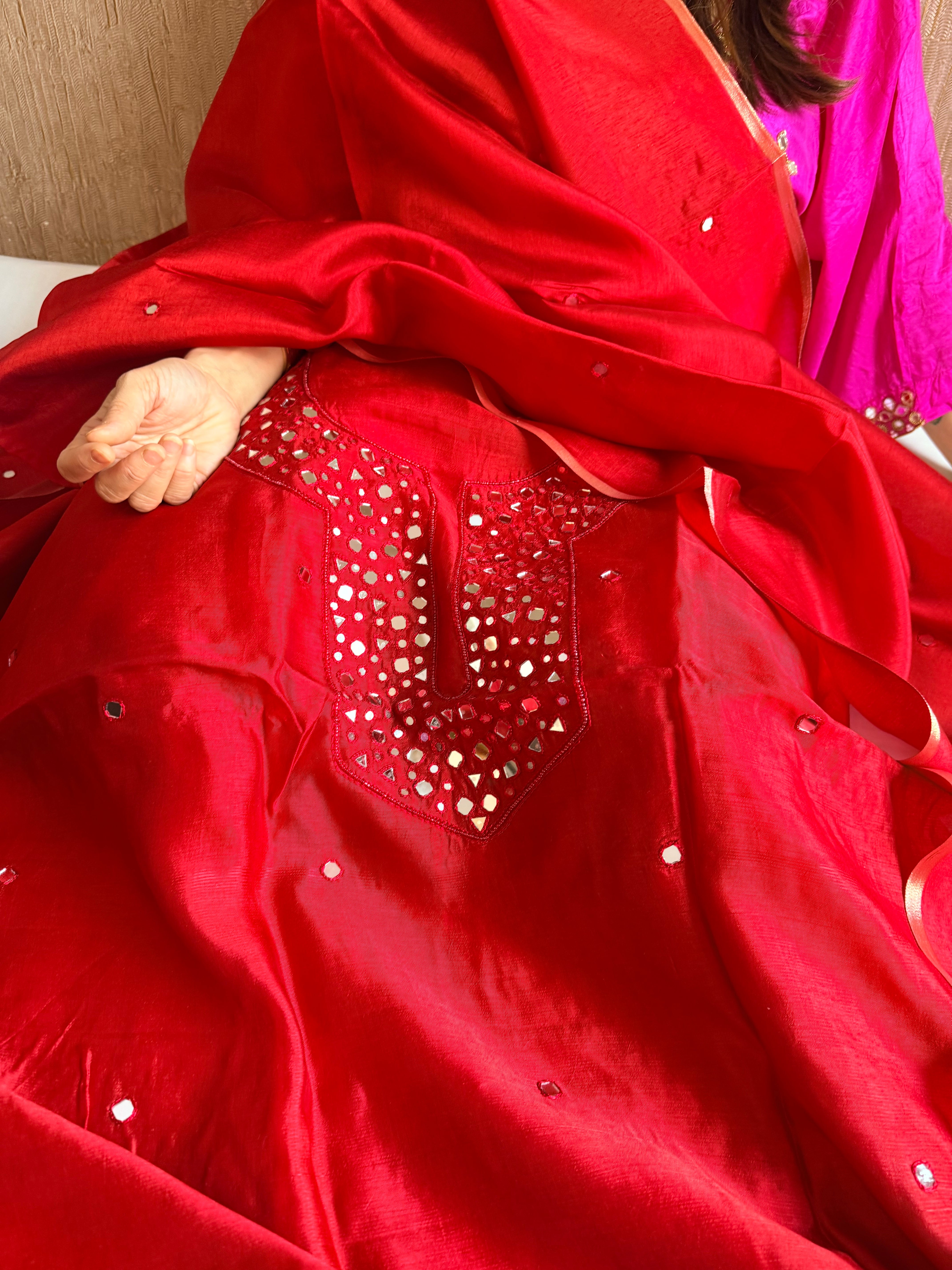 Spun chiniya silk mirror work hand embroidered banarasi suit set