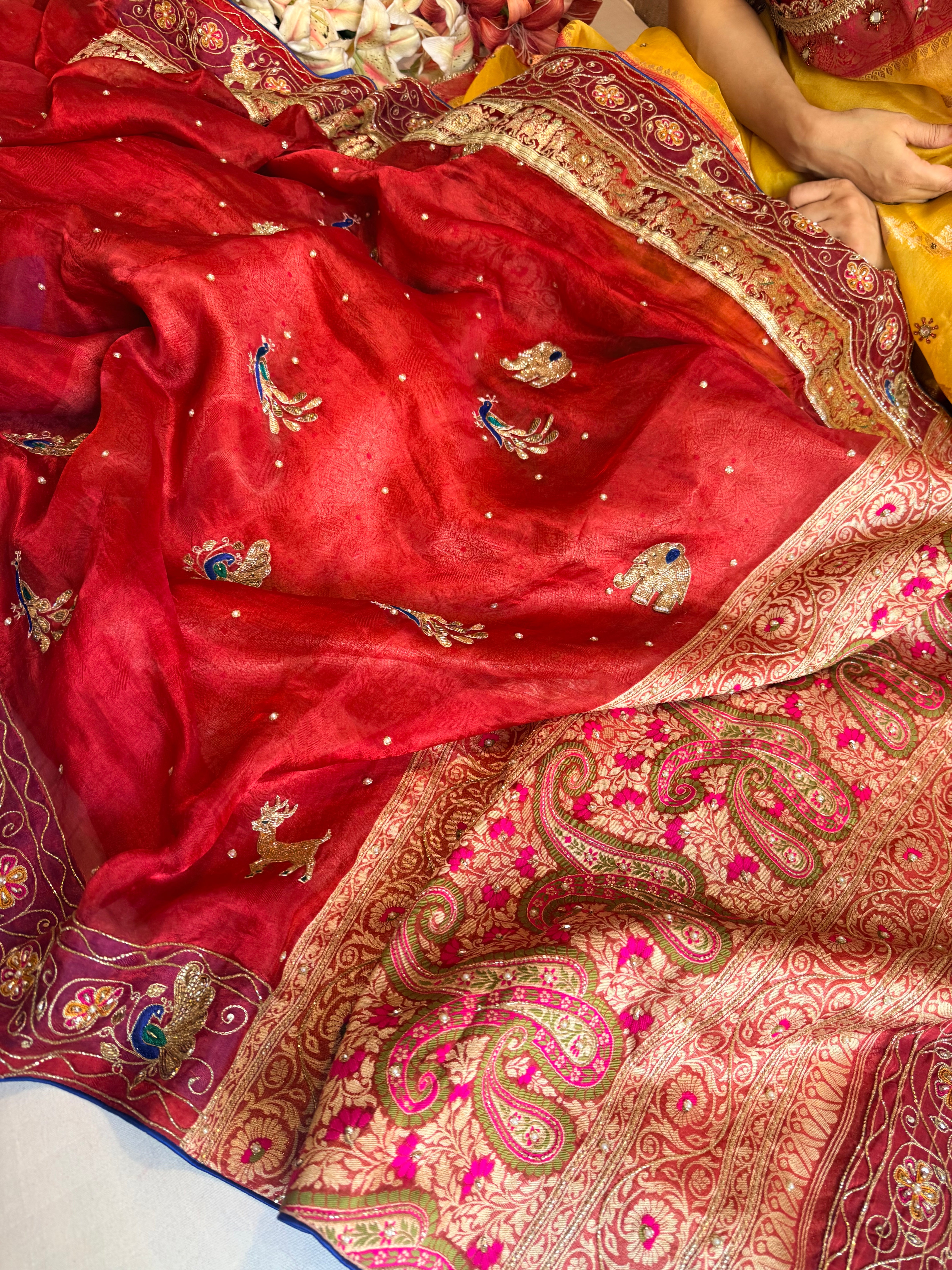 Laal banarasi border phere wali tissue silk meenakari hand embroidered saree