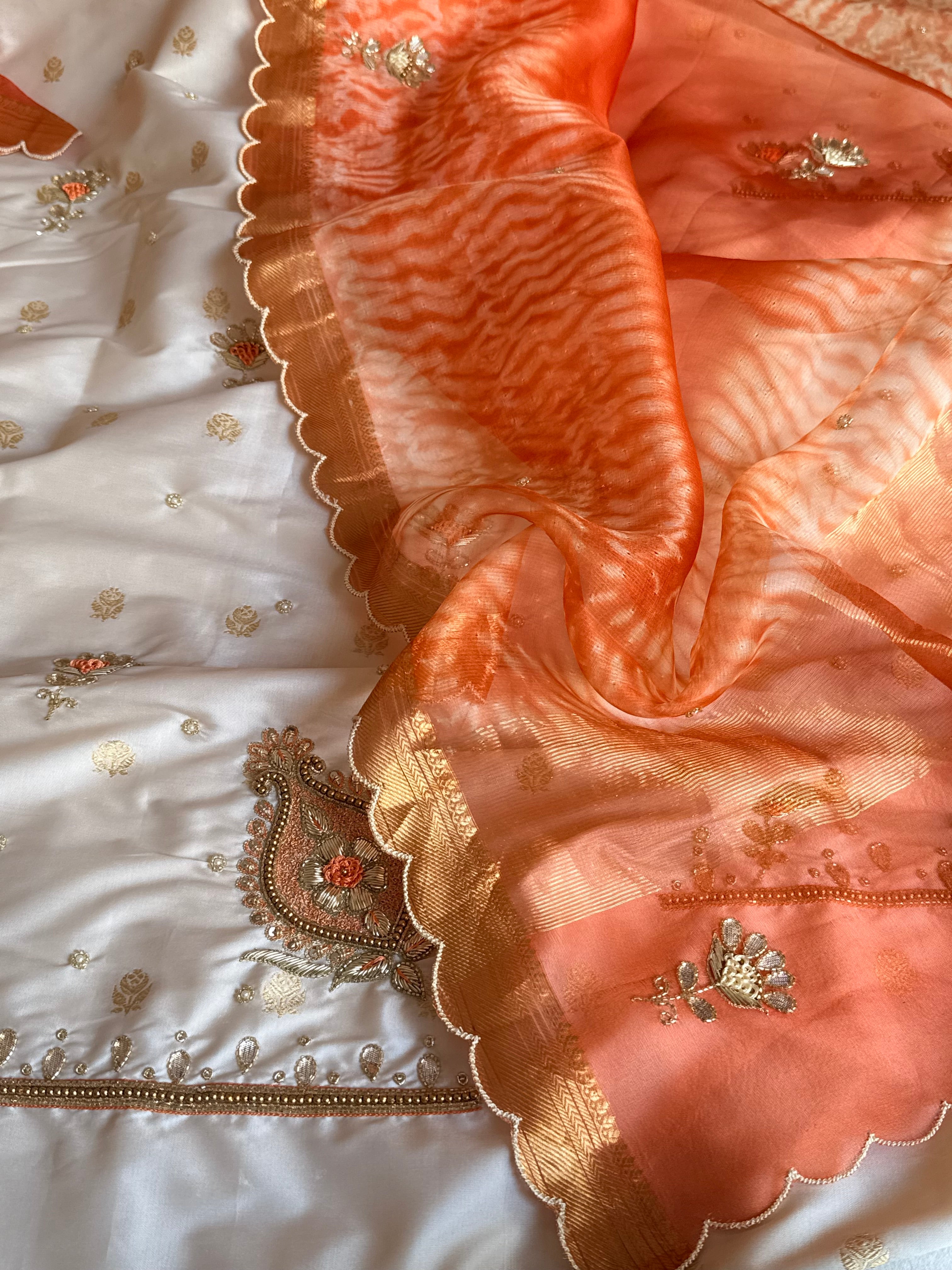 Shibori edit - Katan silk kadhwa kurta paired with hand embroidered kora shibori duppata