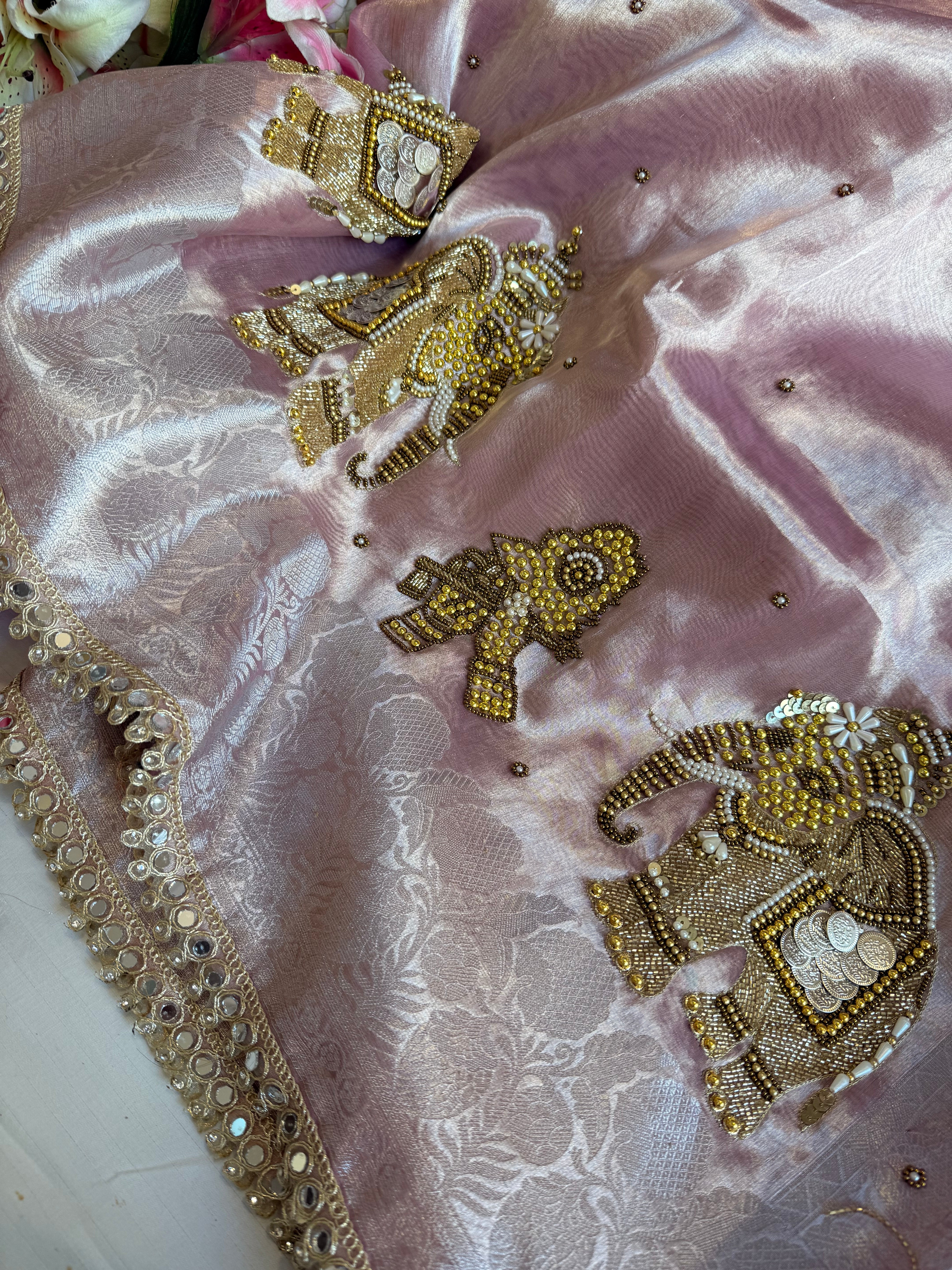 Gulabi jadau saree - Rosy pink tissue silk jadau work hand embroidered saree