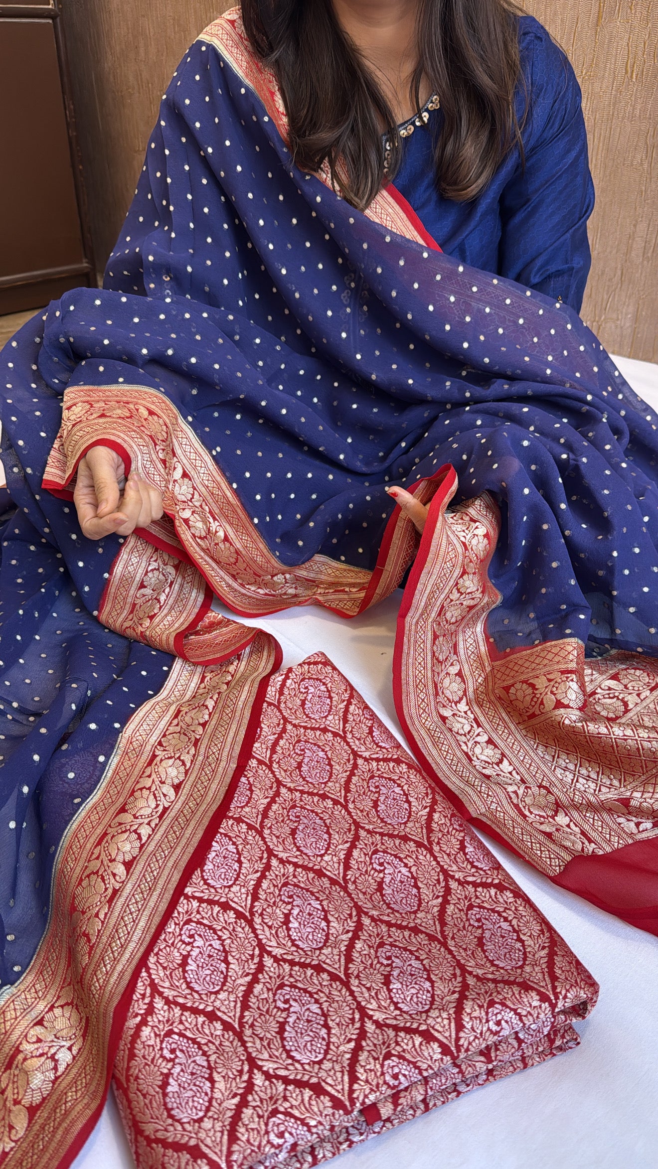 Blood red - persian blue chap dye moonga silk brocade kurta paired with gorgette duppata set