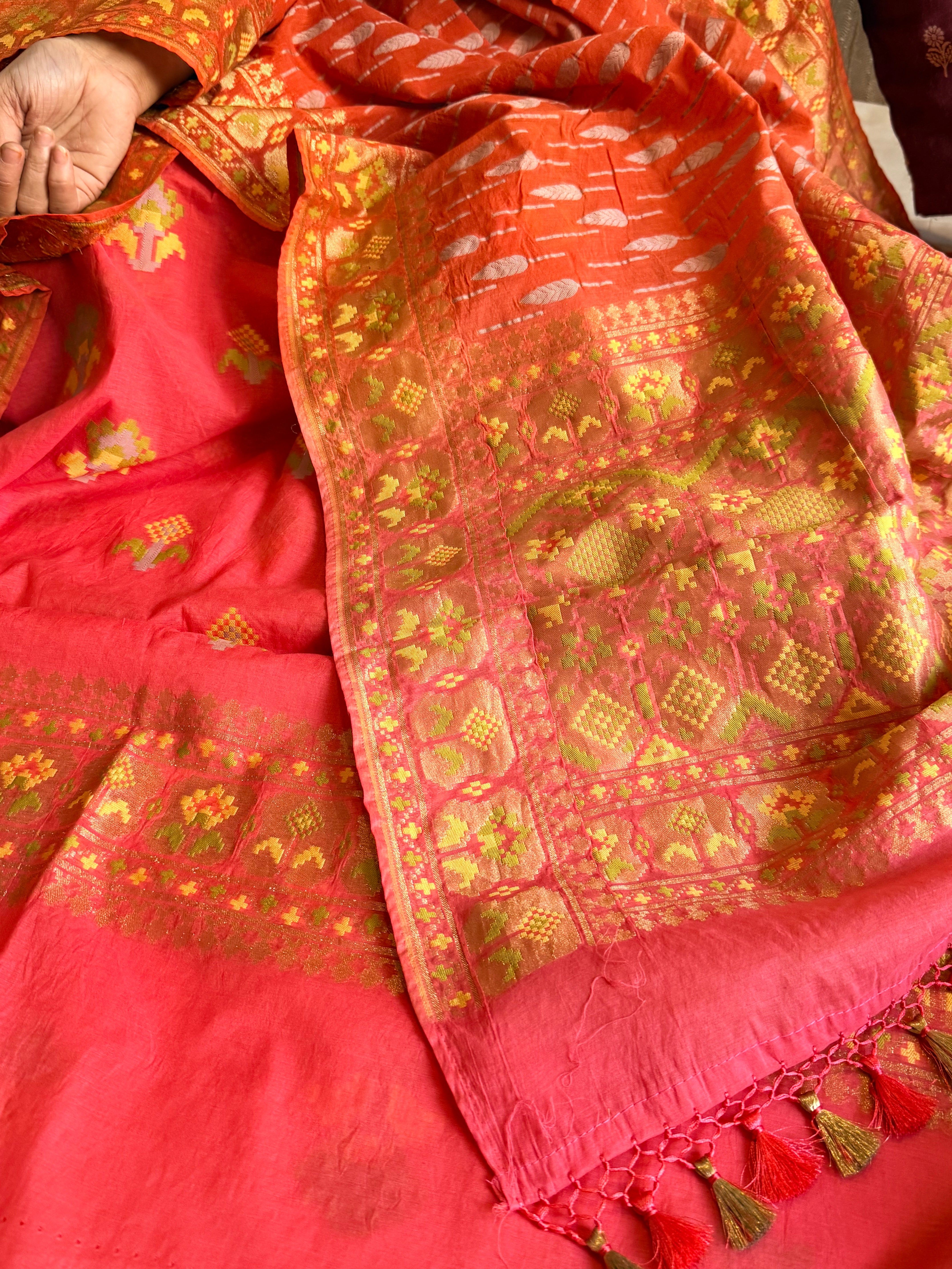 Mul cotton banarasi kadhwa buti peachy pink suit set
