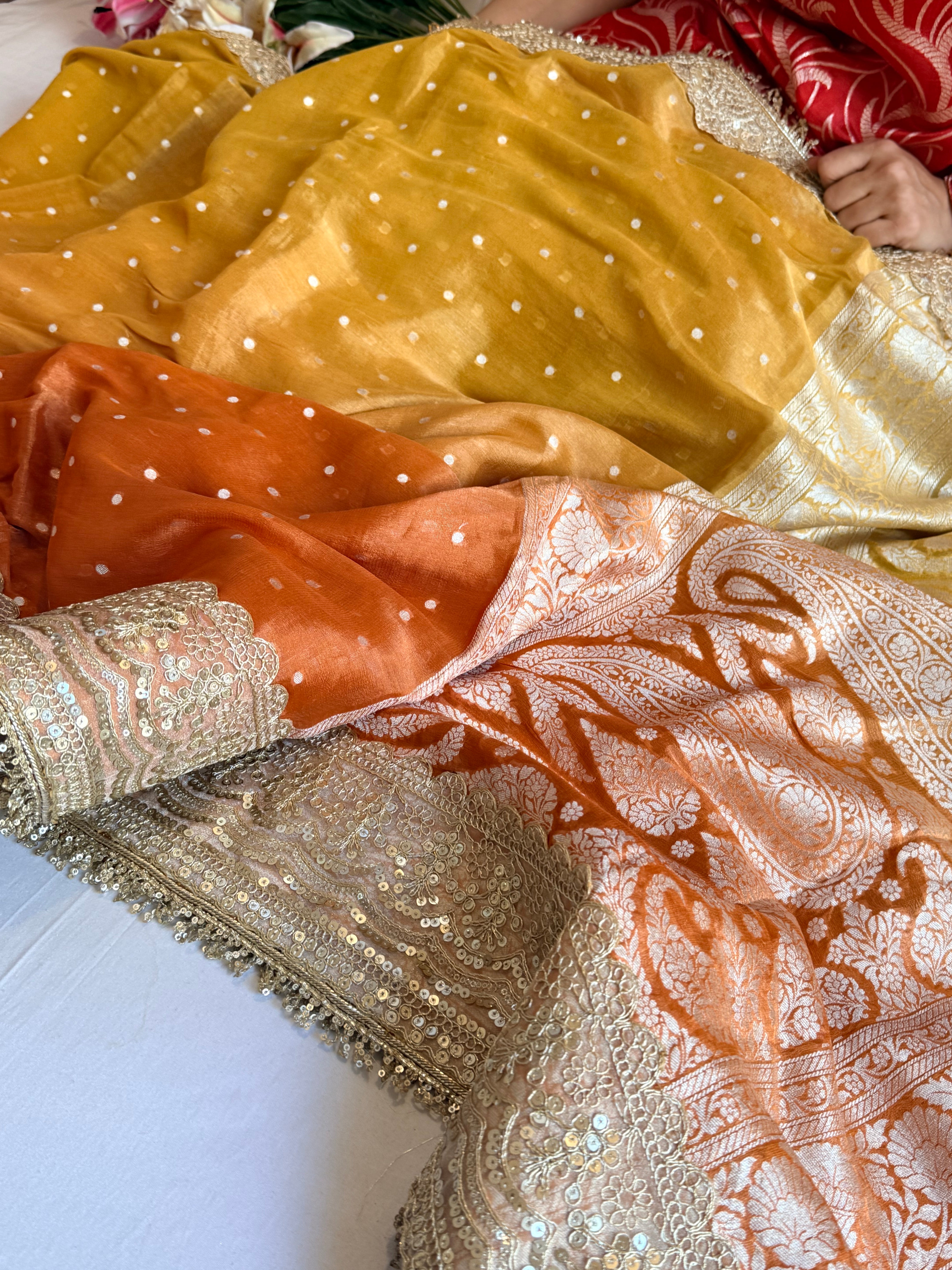 Chunri buti tissue gorgette kadhwa ombre shaded saree