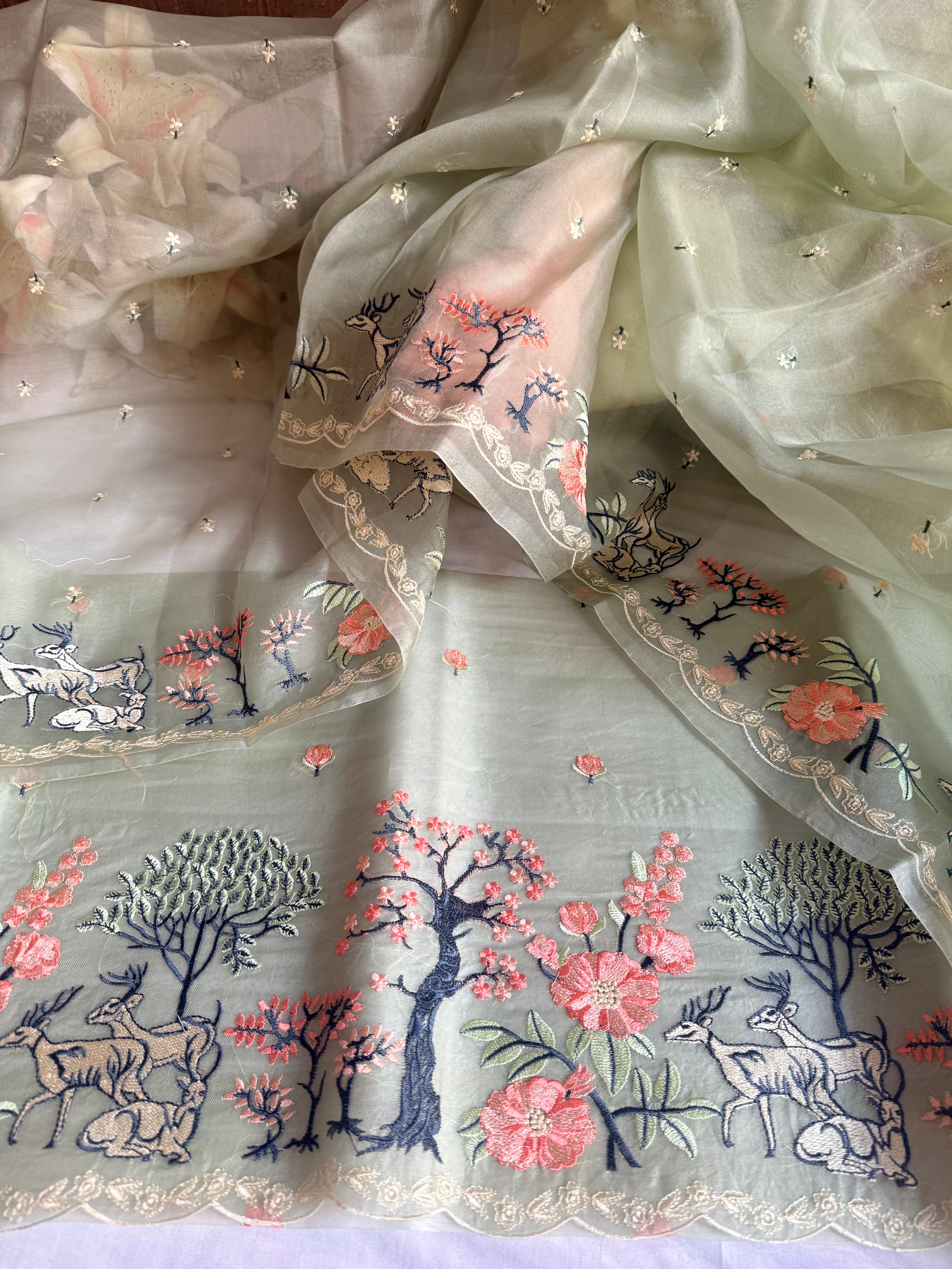 Parsigara kora silk bagh motif hand embroidered suit sets