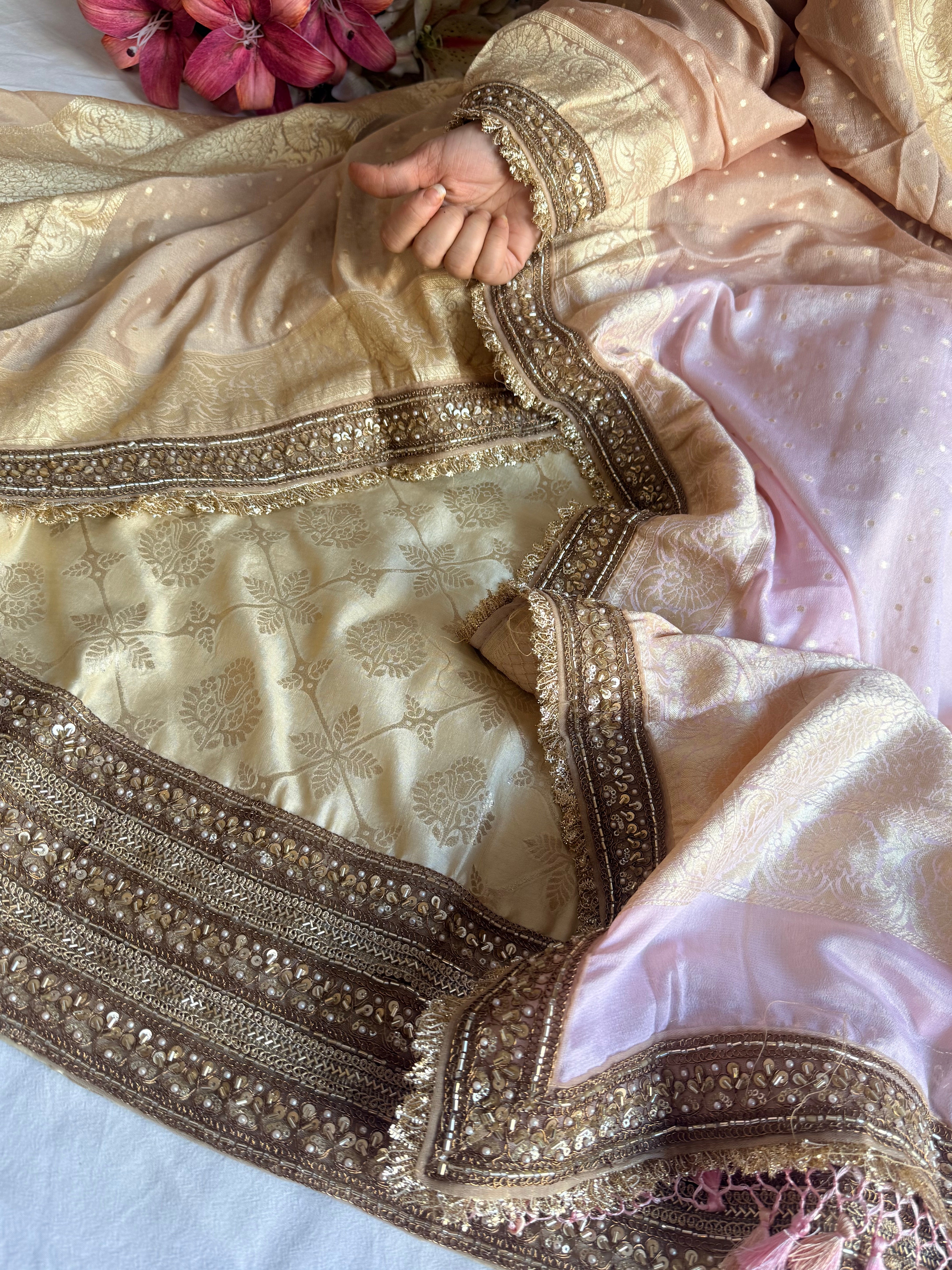 Shaded moonga silk zardozi work hand embroidered kadhwa suit sets