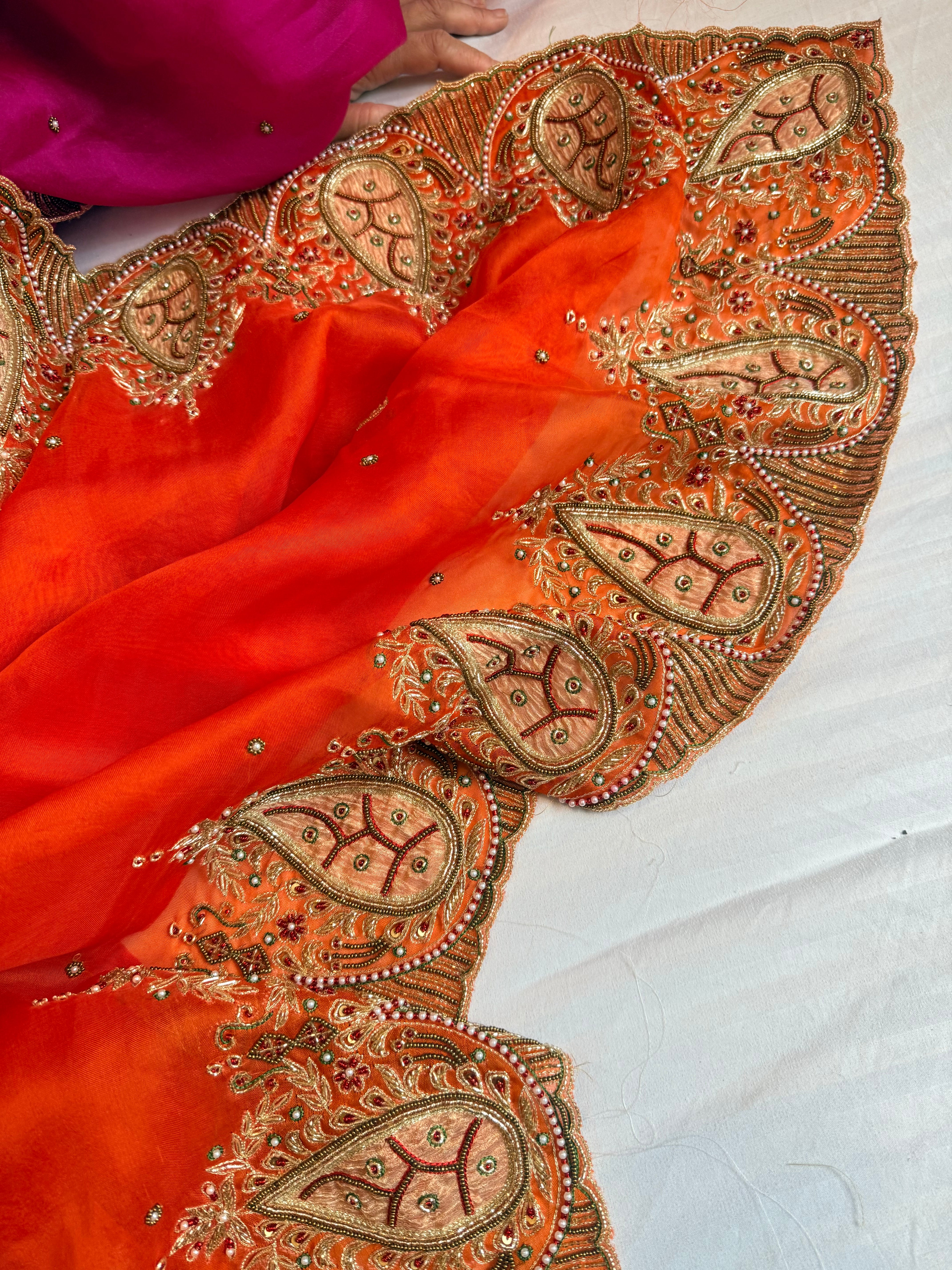 Gulab genda edit - Banarasi Kora silk fanta orange hand embroidered saree