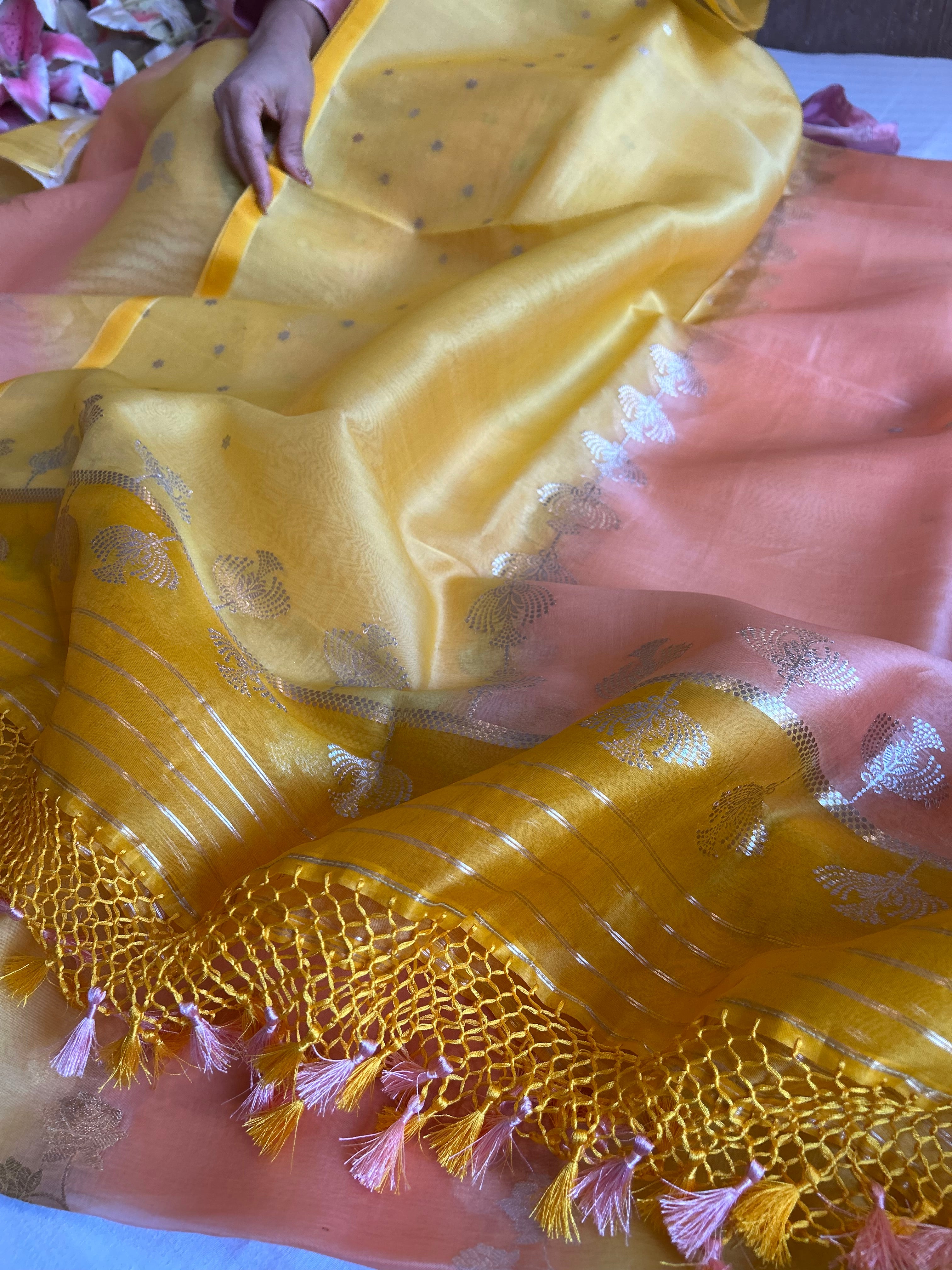 Rainbow dye banarasi kora silk kadhwa buti suit sets