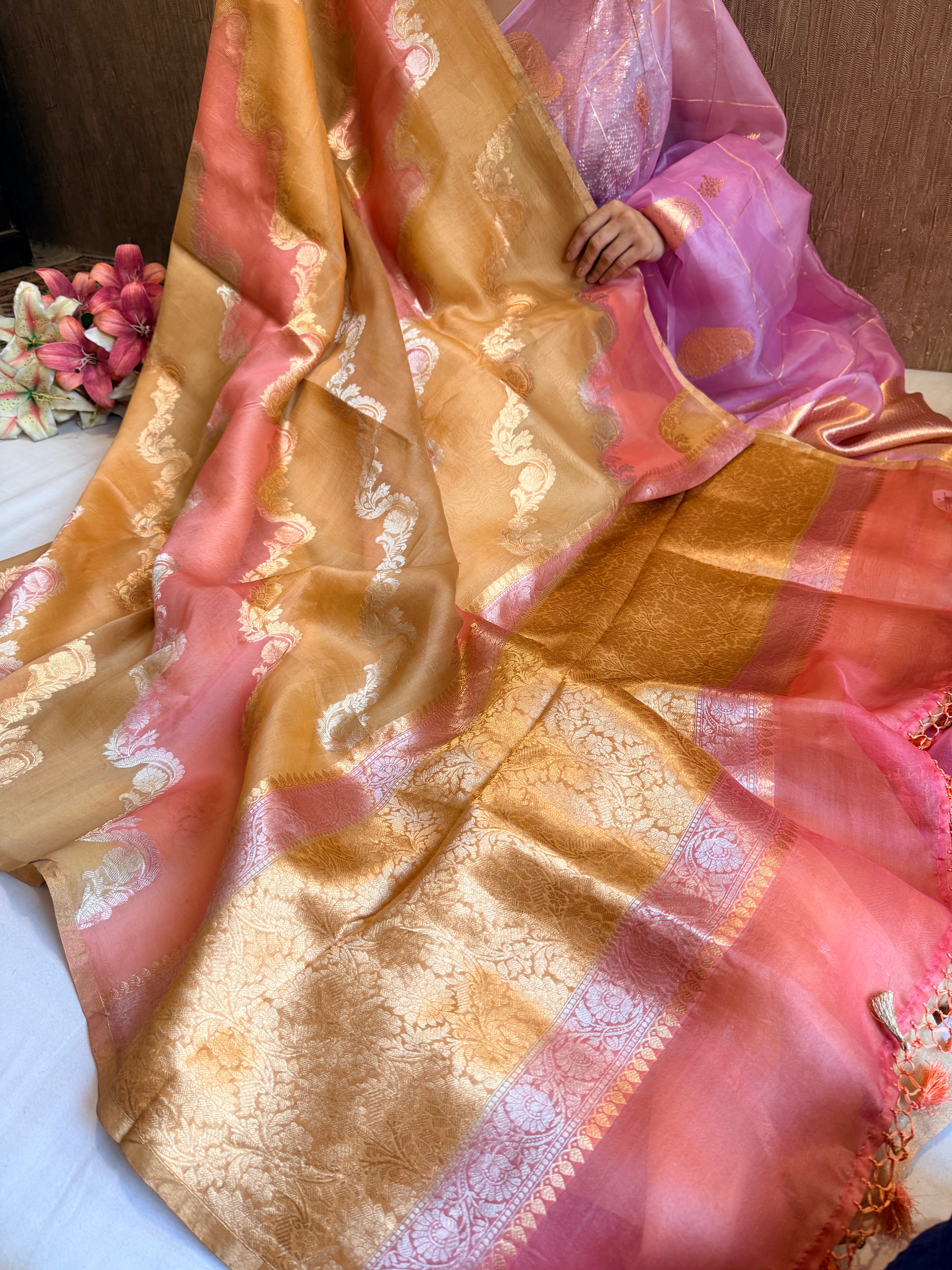 Rangkaat dyed rainbow dyed kora silk kadhwa sona rupa handloom saree
