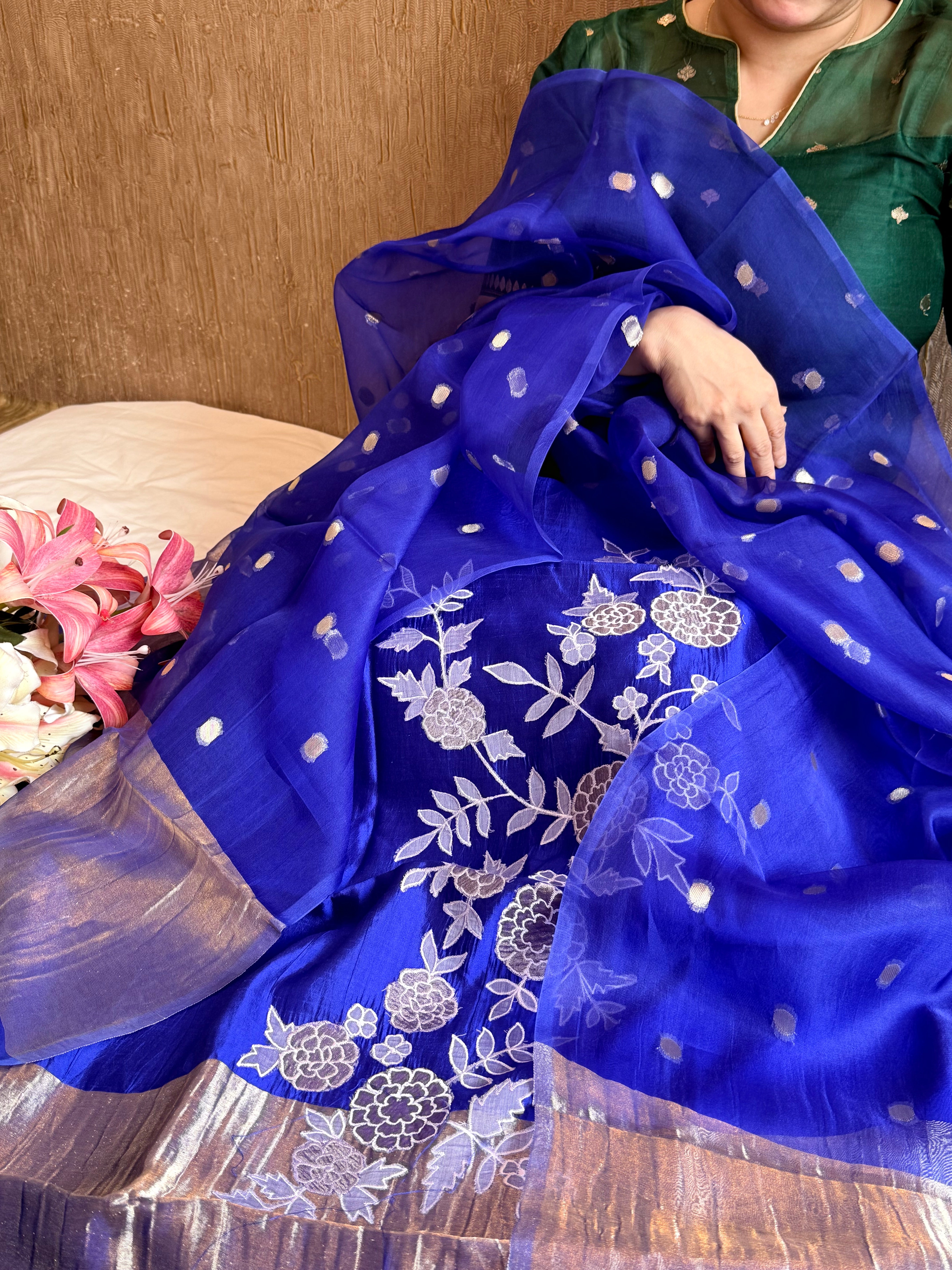 Mango tissue silk appliqué work suit set with kora tissue duppata