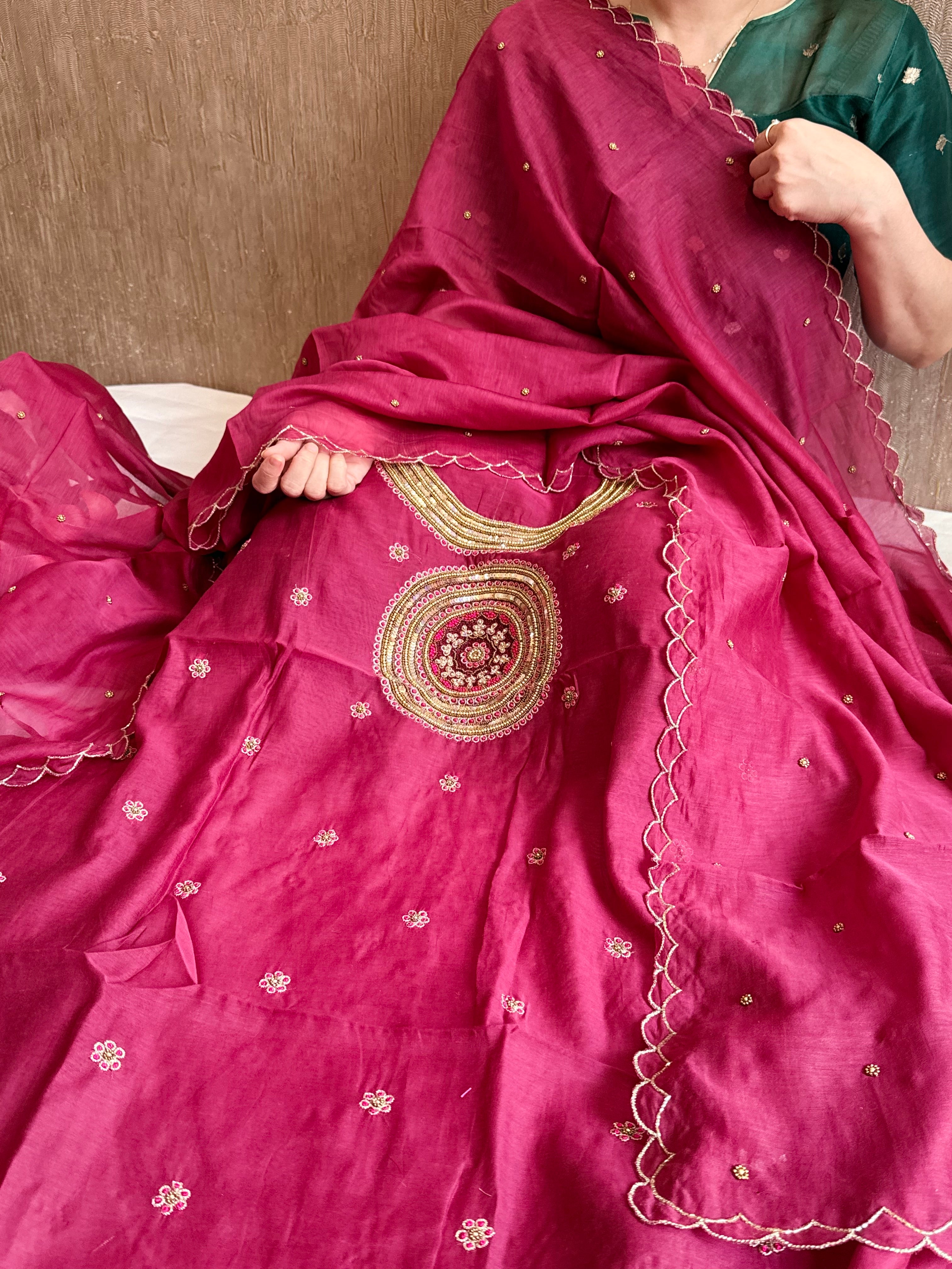 Mul cotton mandala inspired hand embroidered kadhwa suit set
