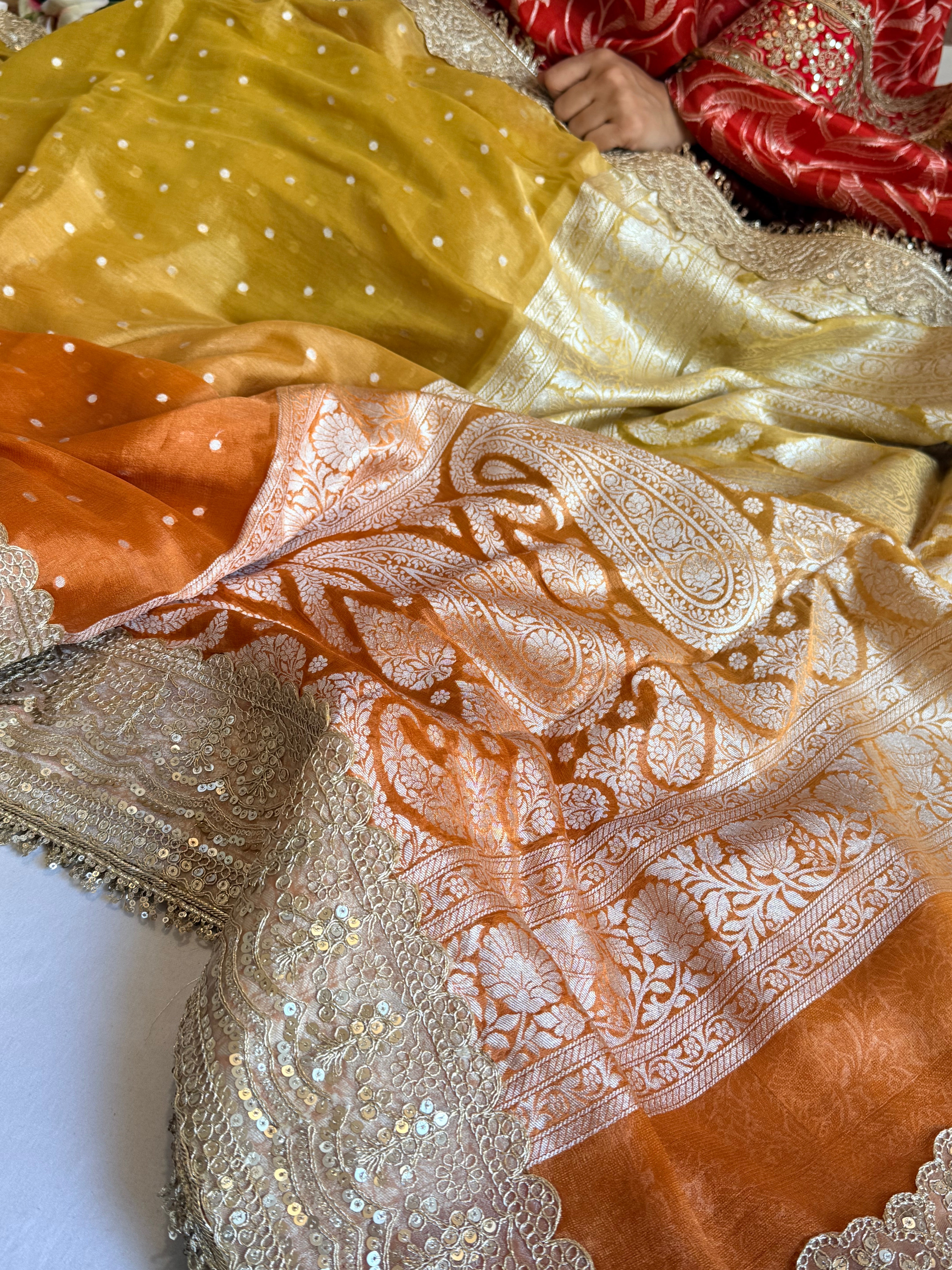 Chunri buti tissue gorgette kadhwa ombre shaded saree