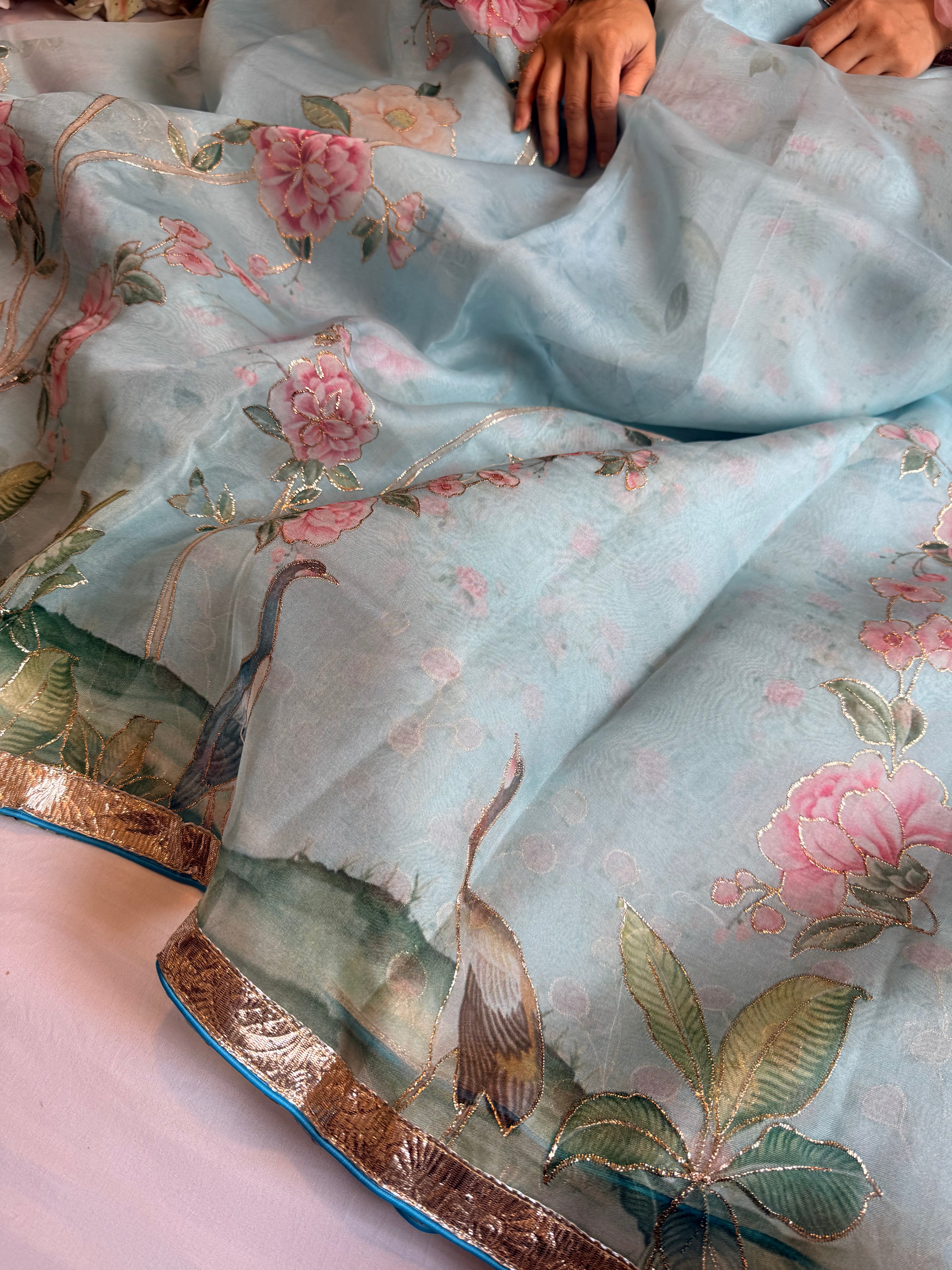 Kora silk lampi gotapatti hand embroidered saree