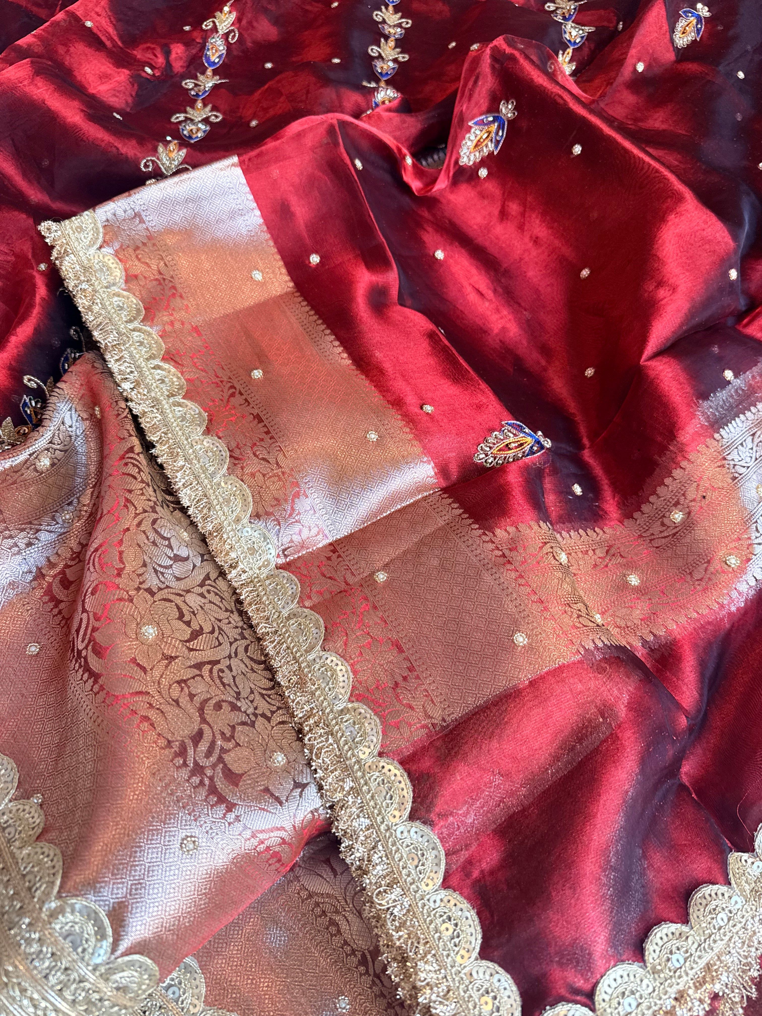 Maharani chand buta kadhwa tissue silk hand embroidered saree duppata set