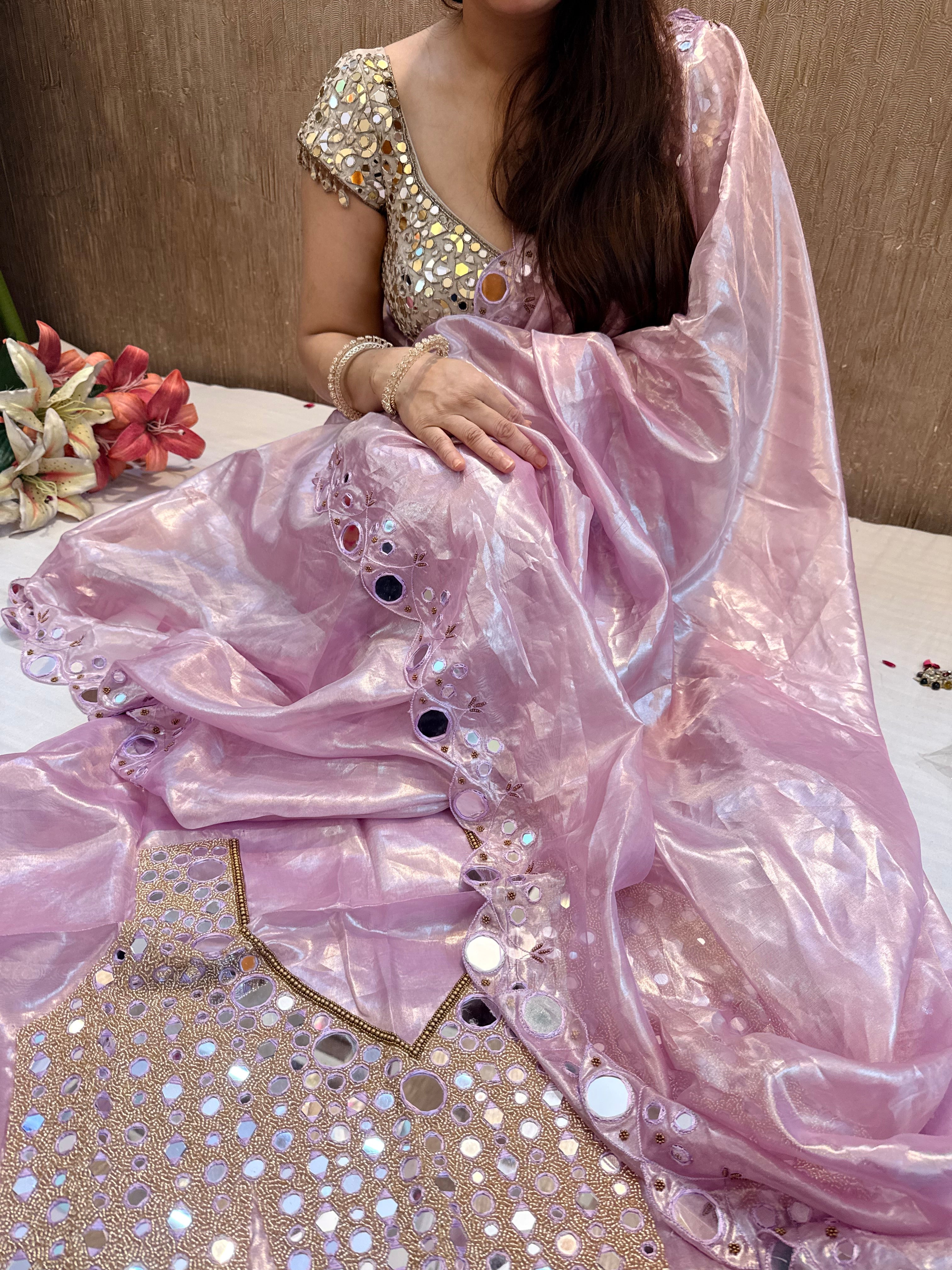 Sheeshe wali blush pink tissue silk mirrorwork hand embroidered banarasi saree