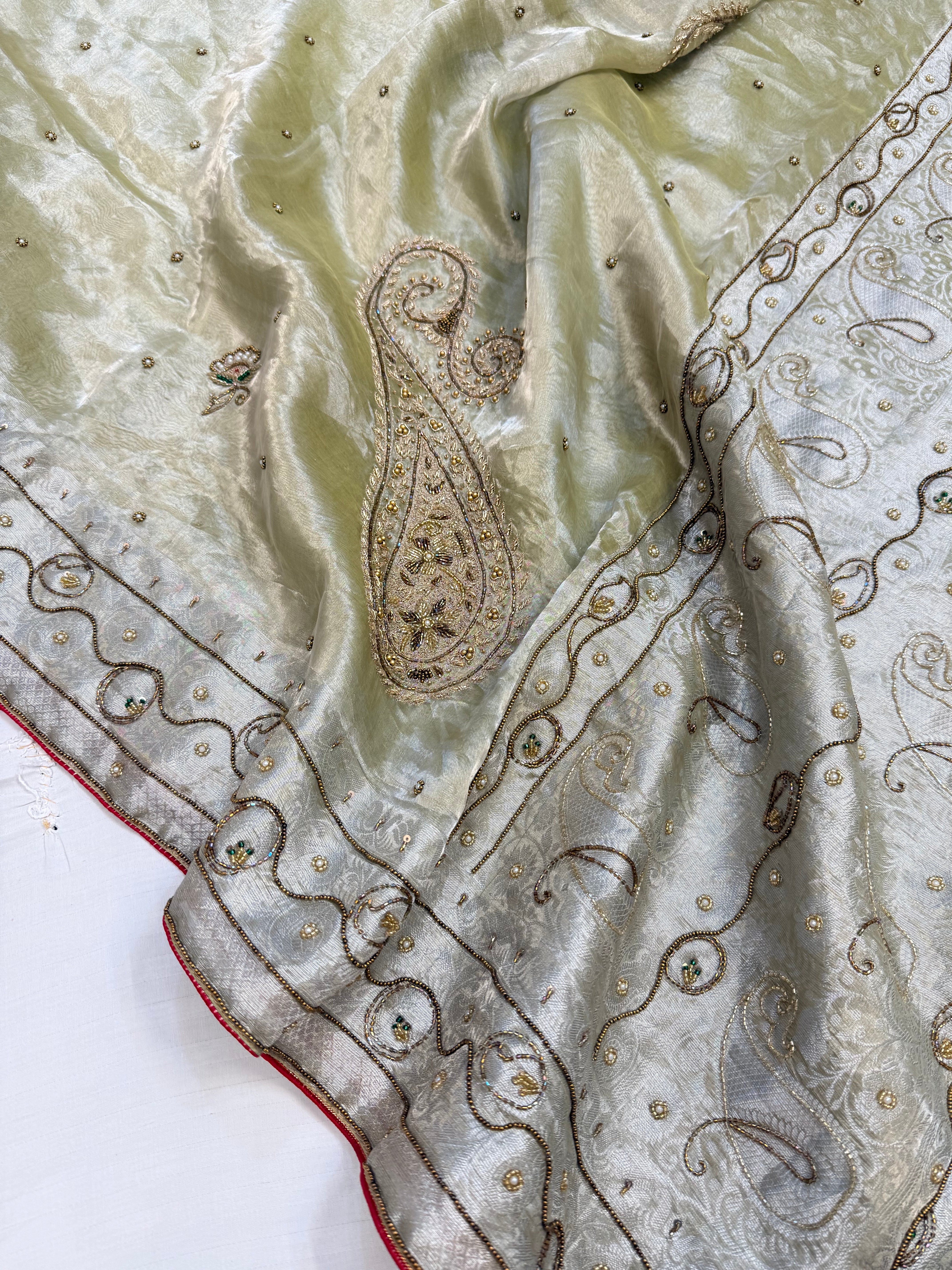 Mint green husn tissue silk meenakari hand embroidered kadhwa saree