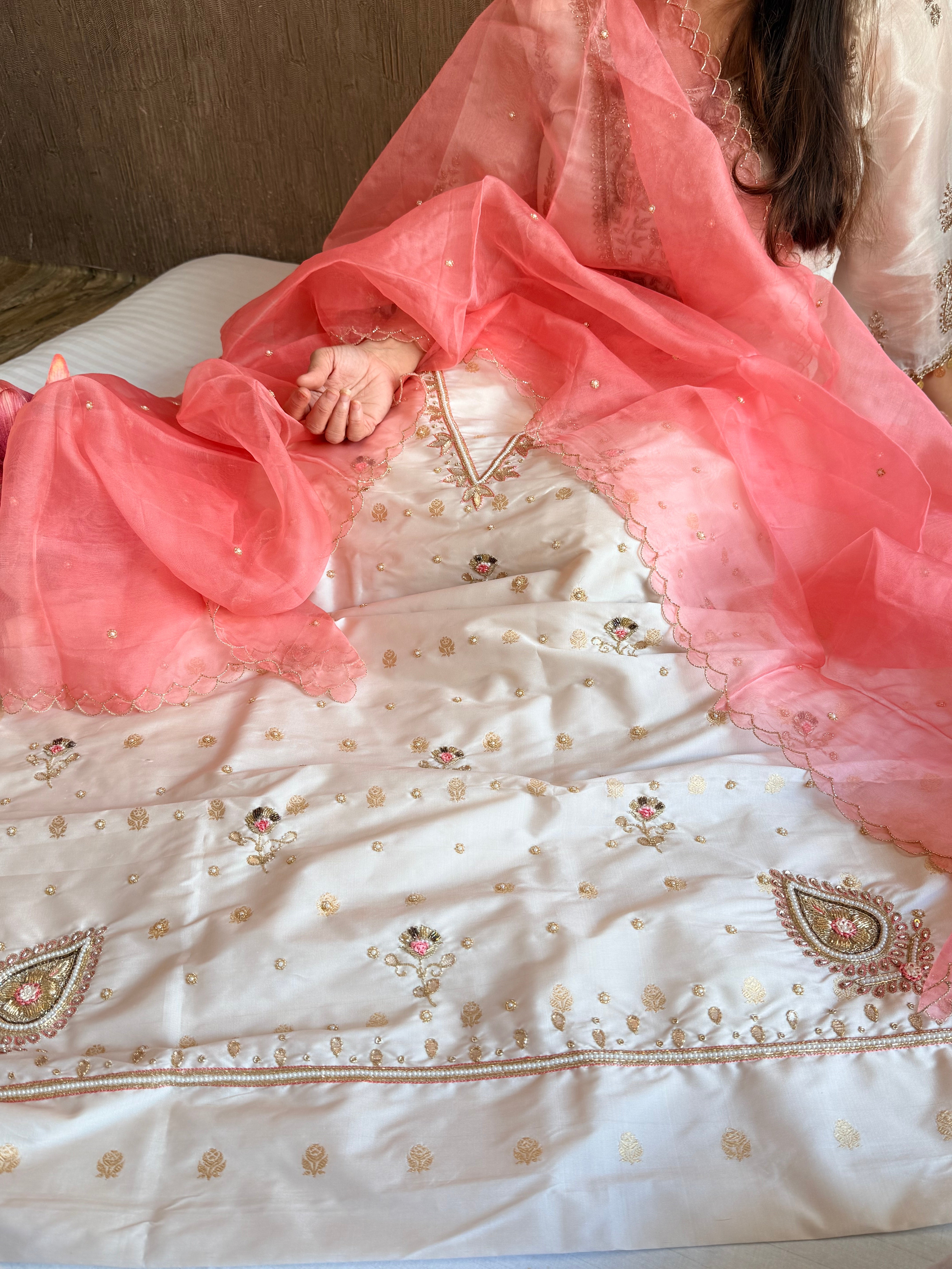 Katan silk hand embroidered banarasi kurta paired with kora silk duppata