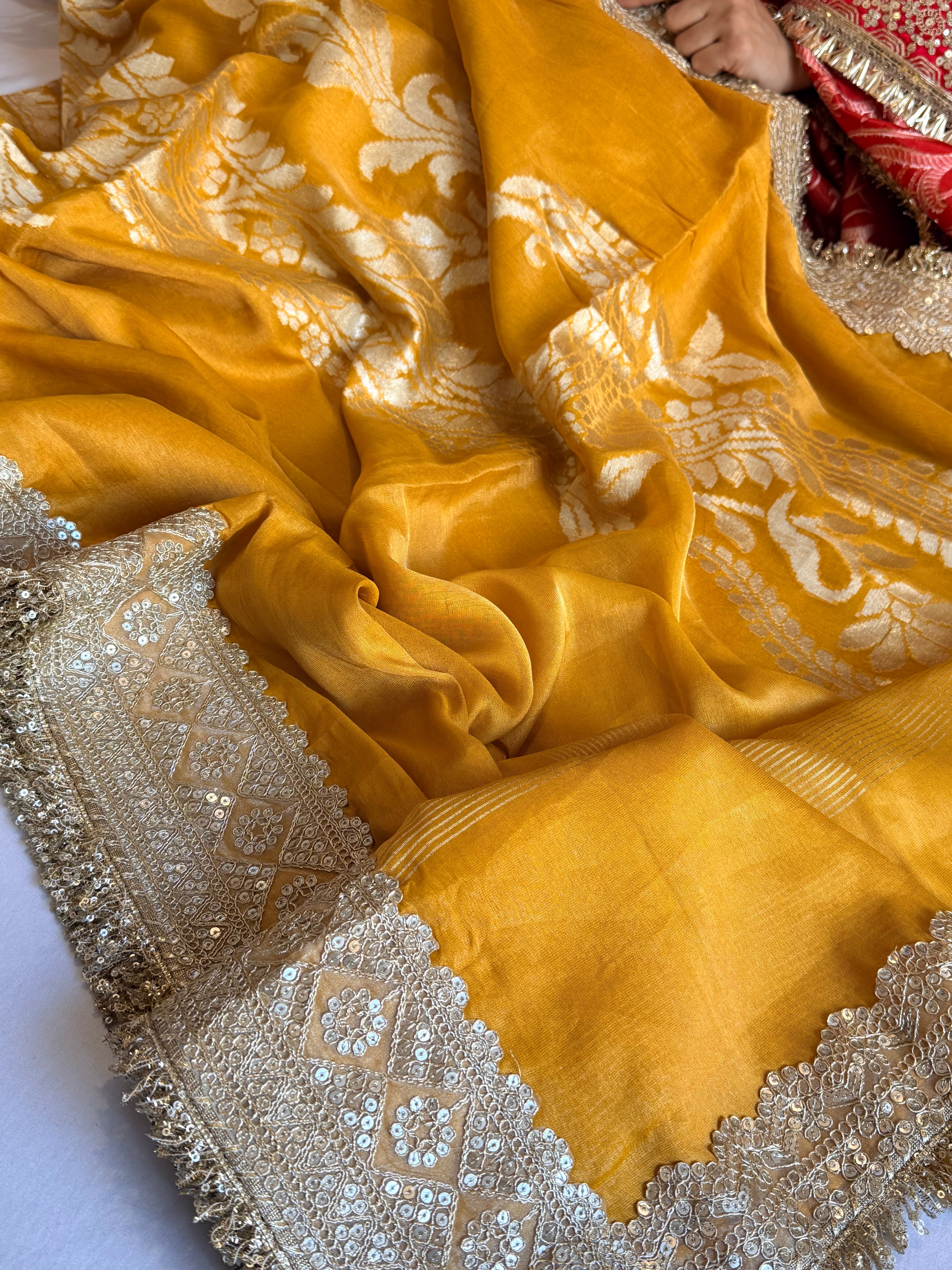 Haldi yellow tissue gorgette kadhwa motif saree
